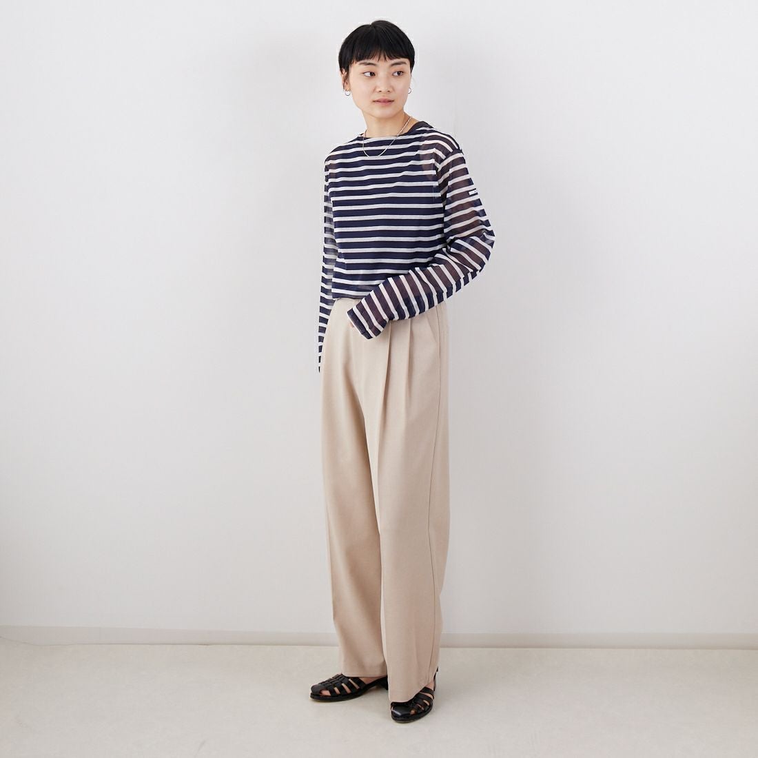 ORCIVAL [オーシバル] シースルーボートネックボーダーカットソー [OR-C0461STJ] NAVY/OFF W &&モデル身長：160cm 着用サイズ：2&&