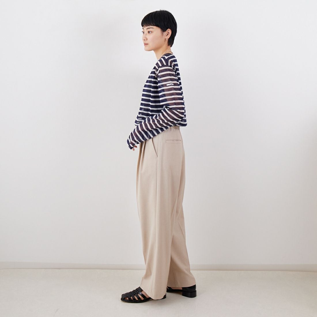 ORCIVAL [オーシバル] シースルーボートネックボーダーカットソー [OR-C0461STJ] NAVY/OFF W &&モデル身長：160cm 着用サイズ：2&&