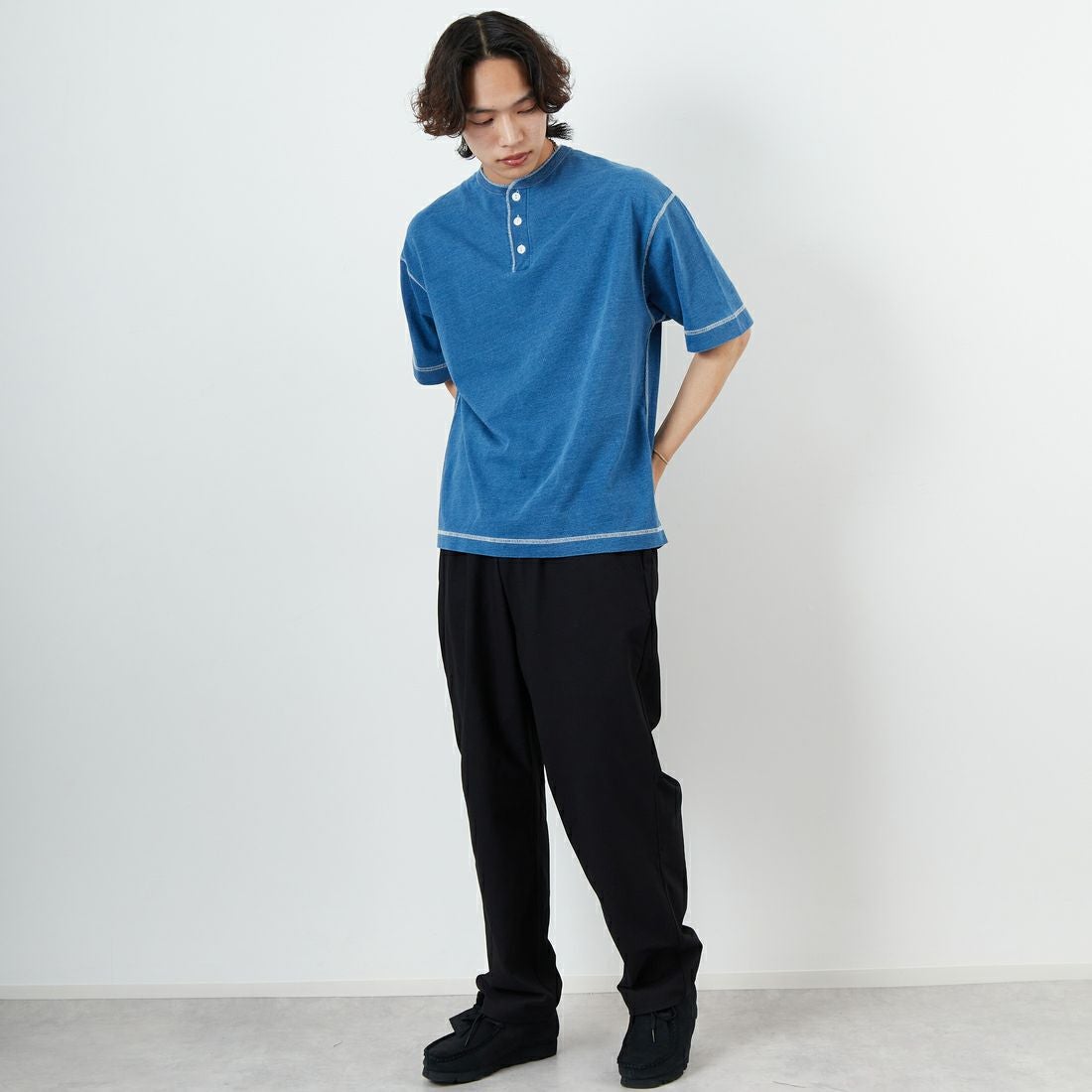 半袖 ペドリ L Health knit [ヘルスニット] ヘンリーネック 半袖Tシャツ(Indigo