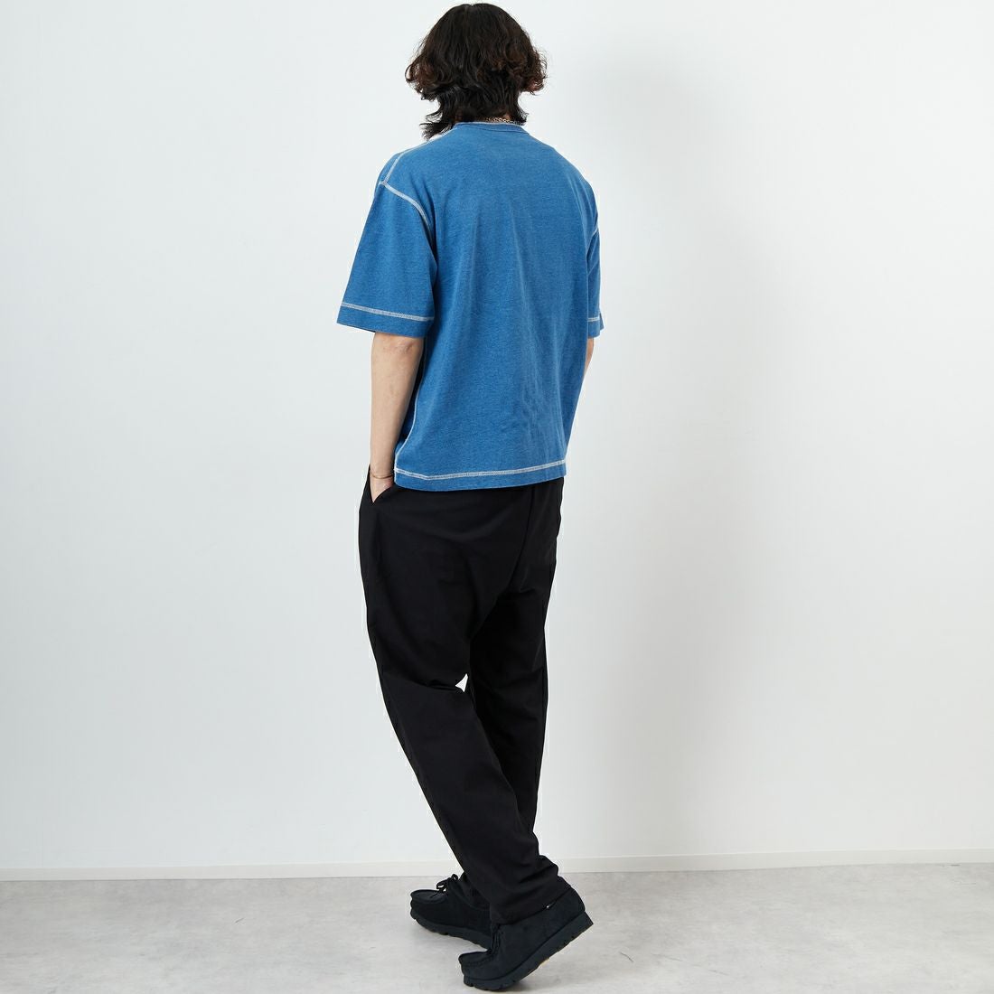 Health knit [ヘルスニット] ヘンリーネック 半袖Tシャツ(Indigo) [HR25S-M104-2] BLUE &&モデル身長：179cm 着用サイズ：L&&
