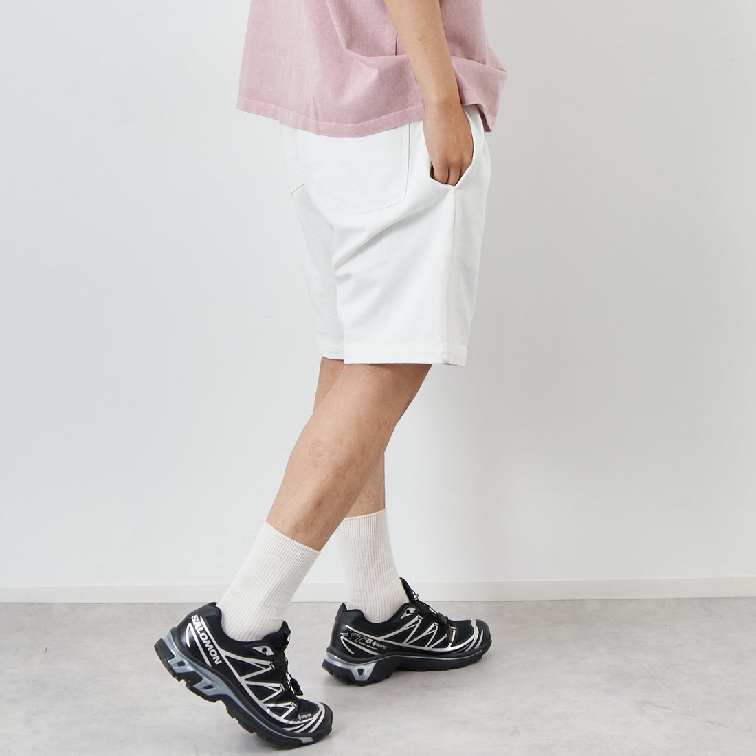 ONEITA [オニータ] ピグメント刺繍ショーツT [2522-422IN] WHITE &&モデル身長：179cm 着用サイズ：L&&