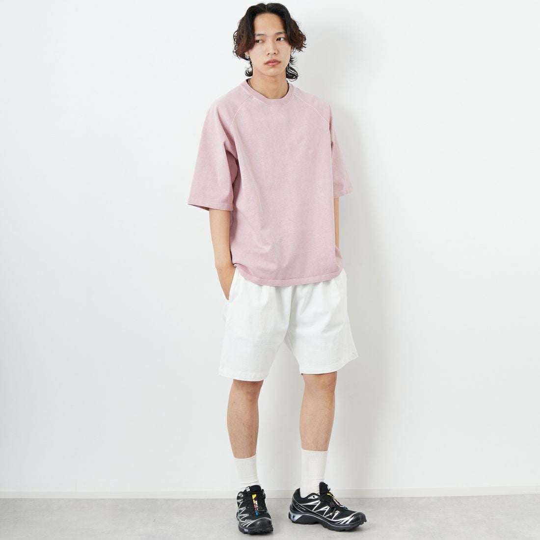 ONEITA [オニータ] ピグメント刺繍ショーツT [2522-422IN] WHITE &&モデル身長：179cm 着用サイズ：L&&