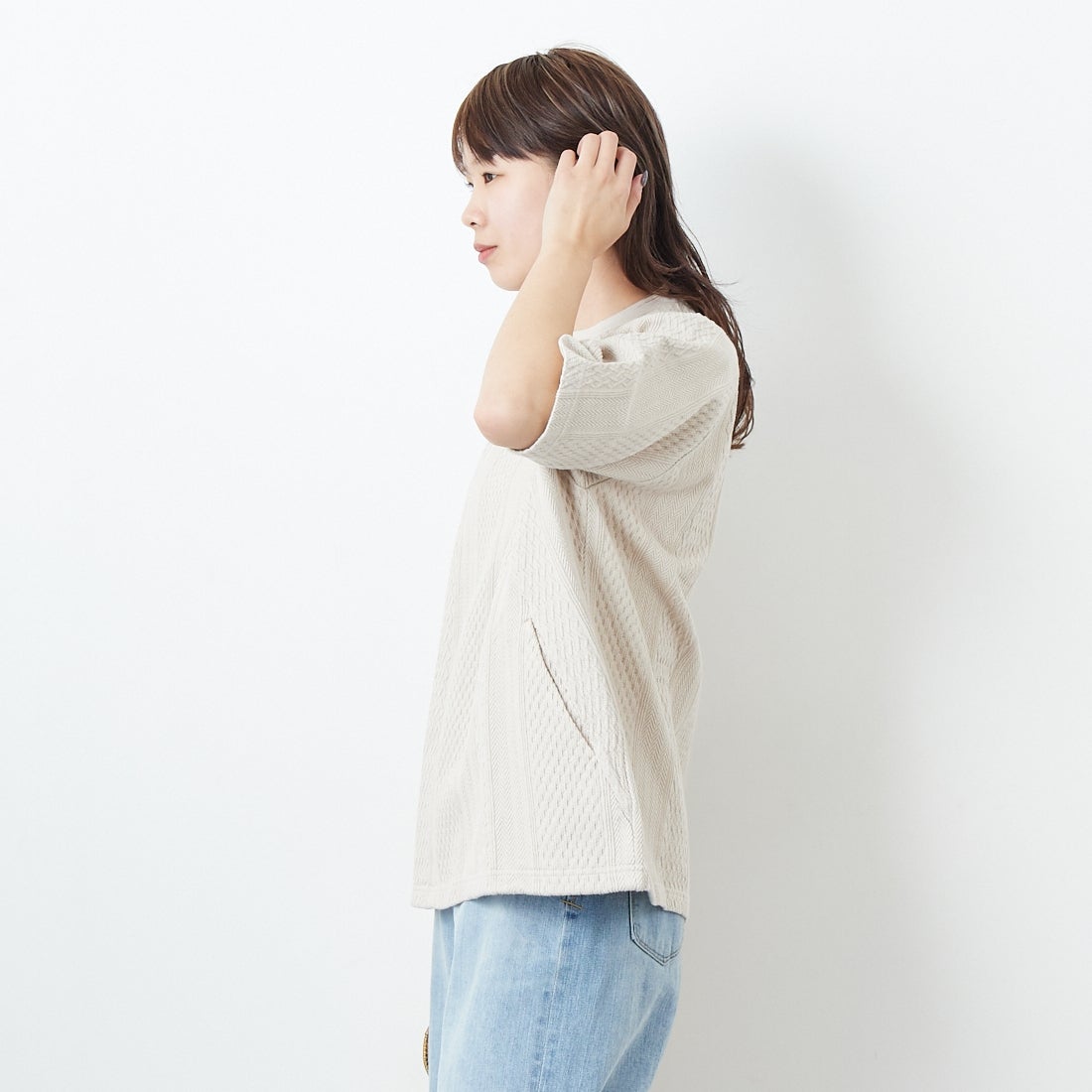ILL ONE EIGHTY [イル ワンエイティ] ケーブルクルーネック [ILL251-16] IVORY &&モデル身長：167cm 着用サイズ：S&&