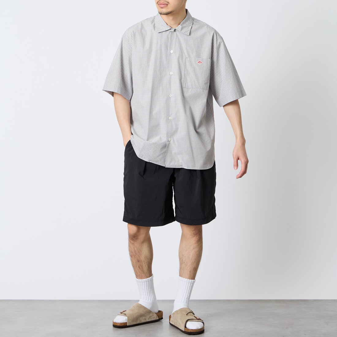 DANTON [ダントン] コットンポプリン ショートスリーブチェックワークシャツ [DT-B0049CPP] GRY/WHT CK &&モデル身長：168cm 着用サイズ：40&&
