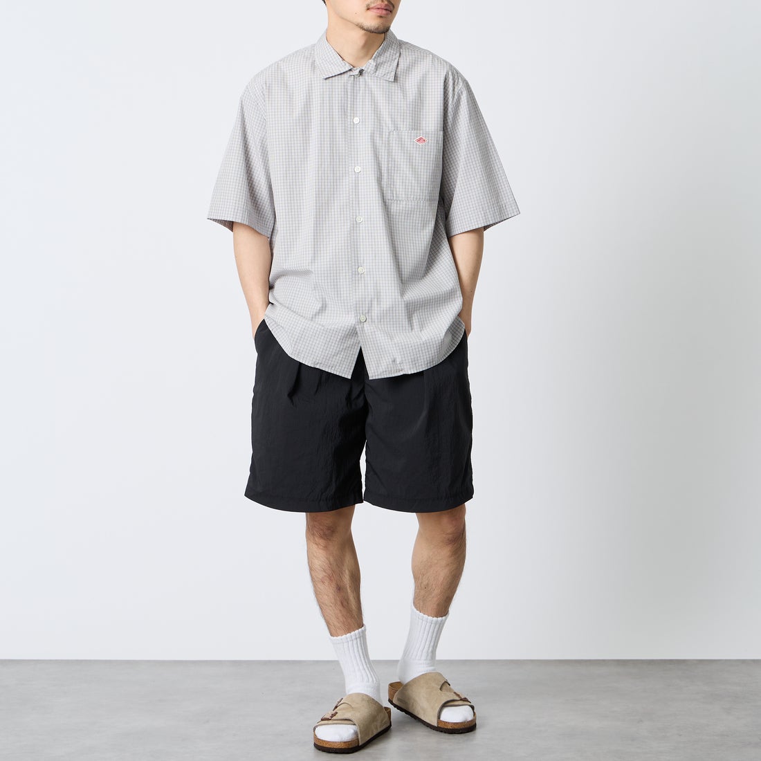 DANTON [ダントン] コットンポプリン ショートスリーブチェックワークシャツ [DT-B0049CPP] GRY/WHT CK &&モデル身長：168cm 着用サイズ：40&&
