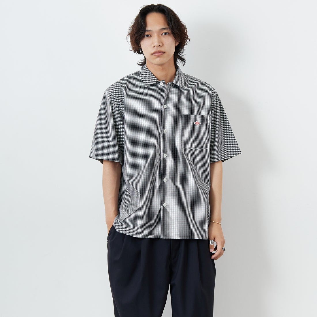 DANTON [ダントン] コットンポプリン ショートスリーブチェックワークシャツ [DT-B0049CPP] BLK GNGM &&モデル身長：179cm 着用サイズ：42&&