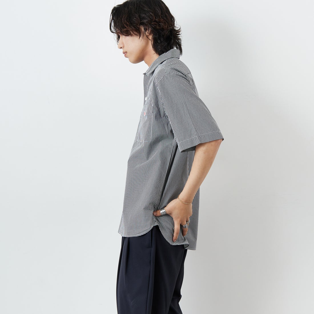 DANTON [ダントン] コットンポプリン ショートスリーブチェックワークシャツ [DT-B0049CPP] BLK GNGM &&モデル身長：179cm 着用サイズ：42&&