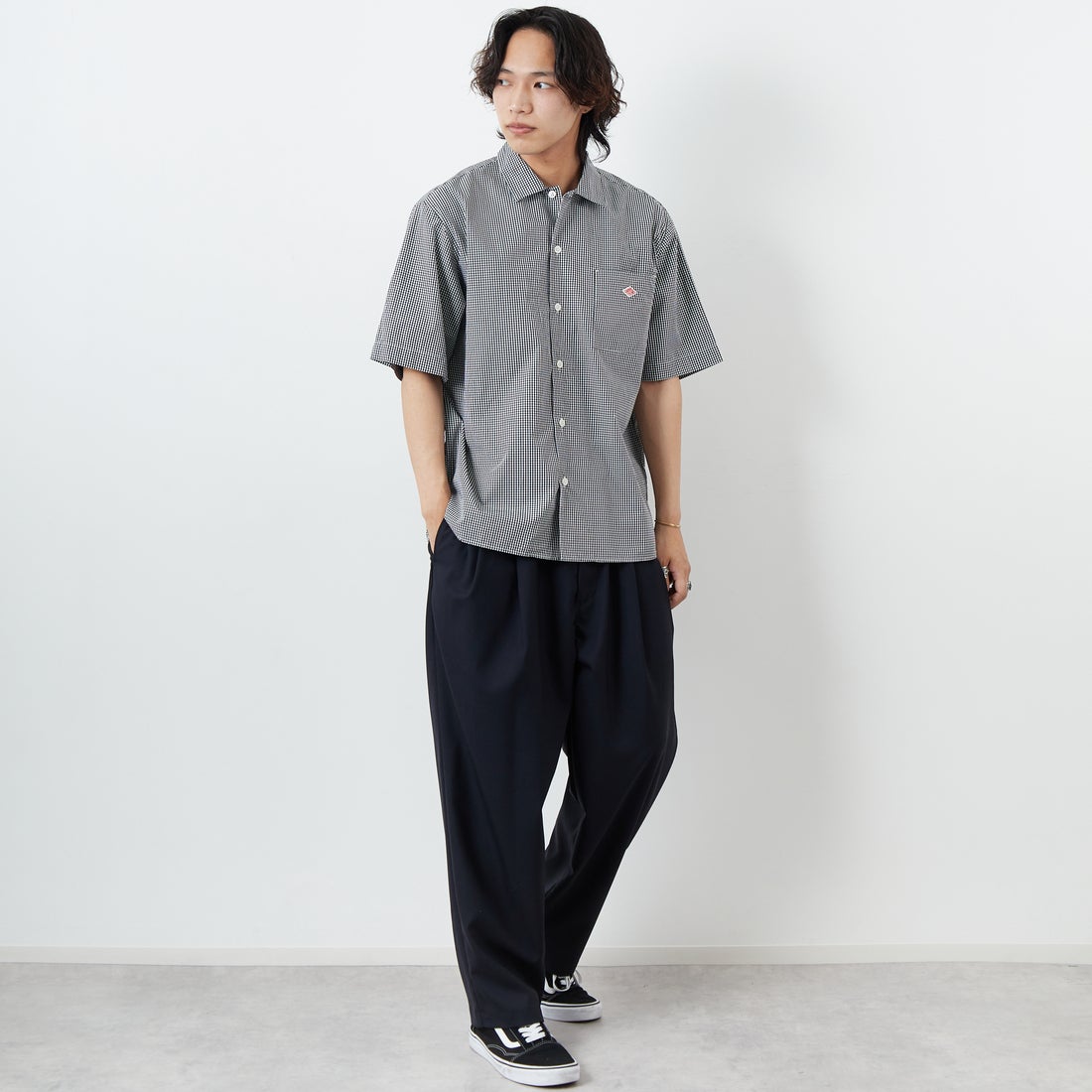DANTON [ダントン] コットンポプリン ショートスリーブチェックワークシャツ [DT-B0049CPP] BLK GNGM &&モデル身長：179cm 着用サイズ：42&&