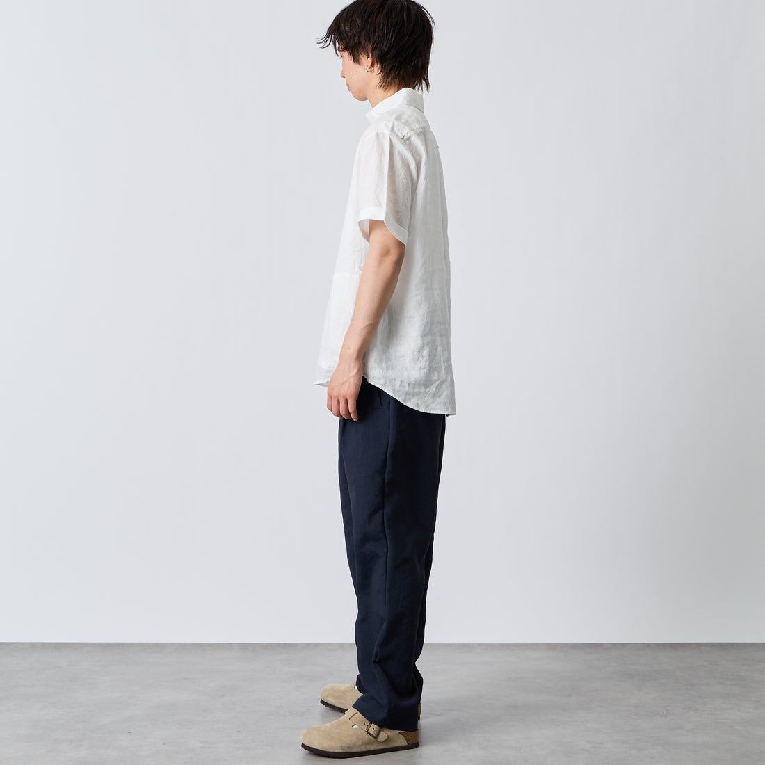 DANTON [ダントン] ラウンドカラー リネンクロスプルオーバーシャツ [DT-B0284FLI] WHITE &&モデル身長：177cm 着用サイズ：42&&