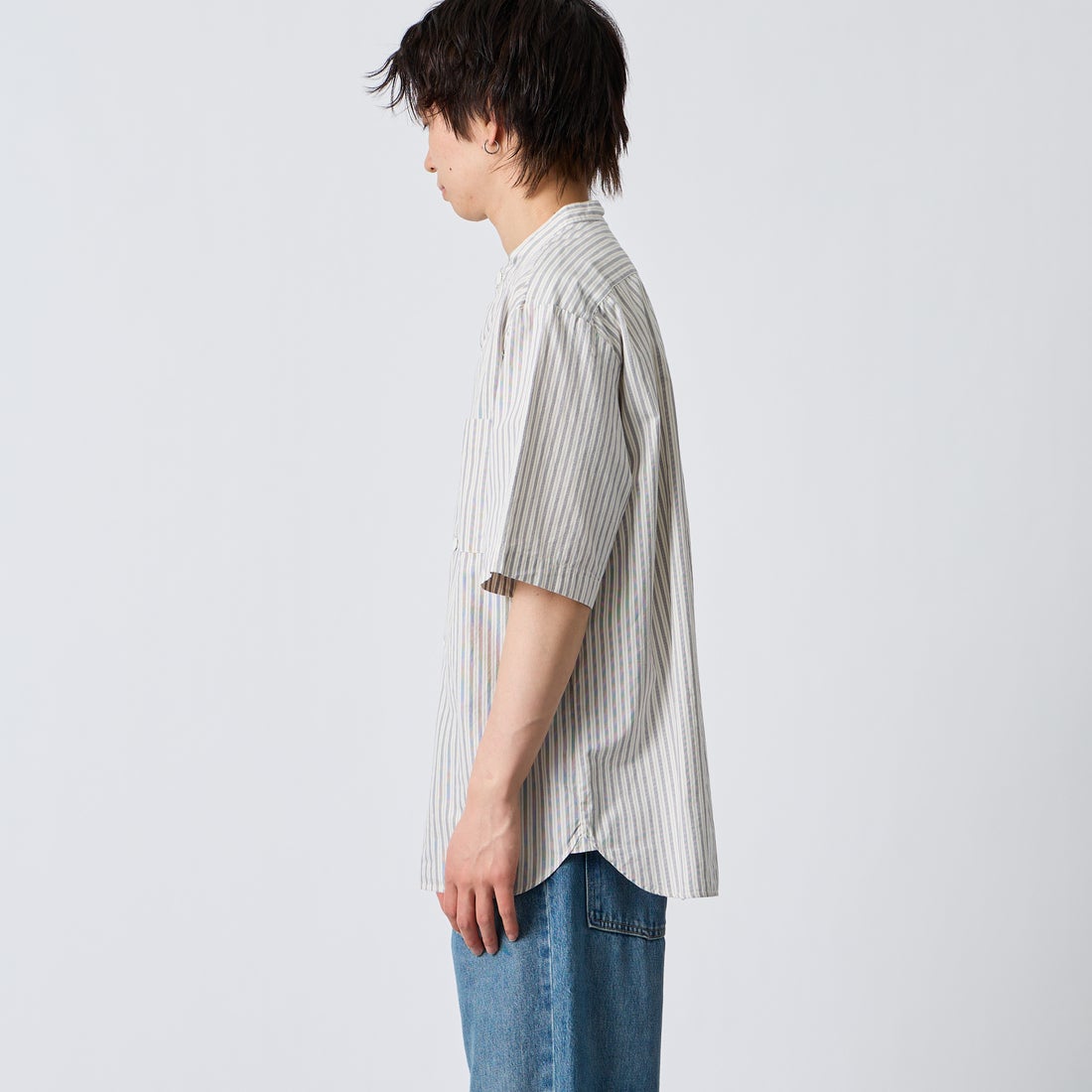 DANTON [ダントン] コットンリネン ストライプバンドカラーシャツ [JD-3788SCP] ECR/CHR ST &&モデル身長：177cm 着用サイズ：42&&