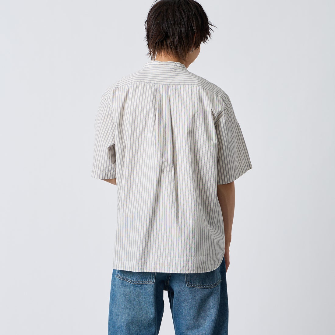 DANTON [ダントン] コットンリネン ストライプバンドカラーシャツ [JD-3788SCP] ECR/CHR ST &&モデル身長：177cm 着用サイズ：42&&