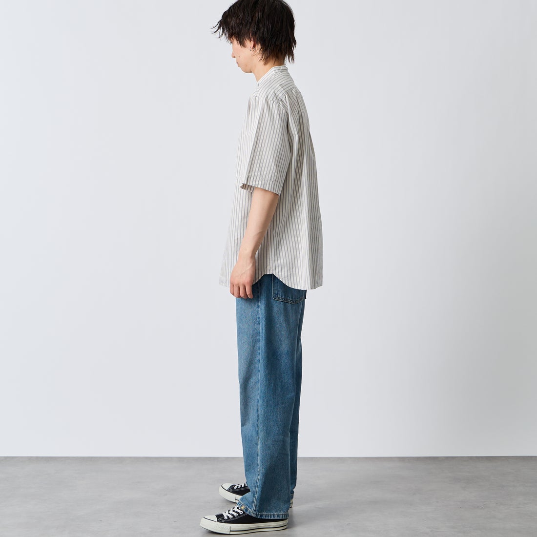DANTON [ダントン] コットンリネン ストライプバンドカラーシャツ [JD-3788SCP] ECR/CHR ST &&モデル身長：177cm 着用サイズ：42&&