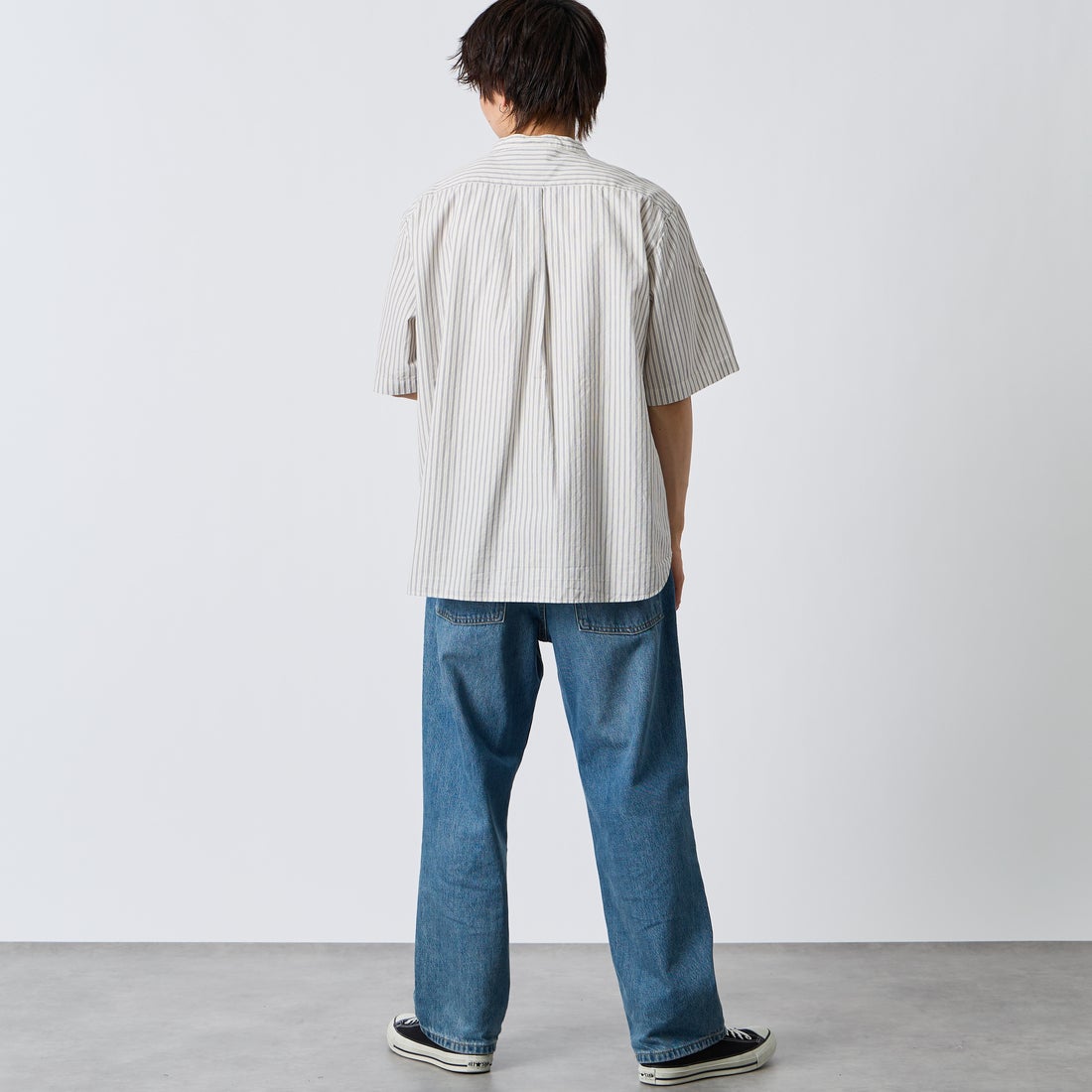 DANTON [ダントン] コットンリネン ストライプバンドカラーシャツ [JD-3788SCP] ECR/CHR ST &&モデル身長：177cm 着用サイズ：42&&