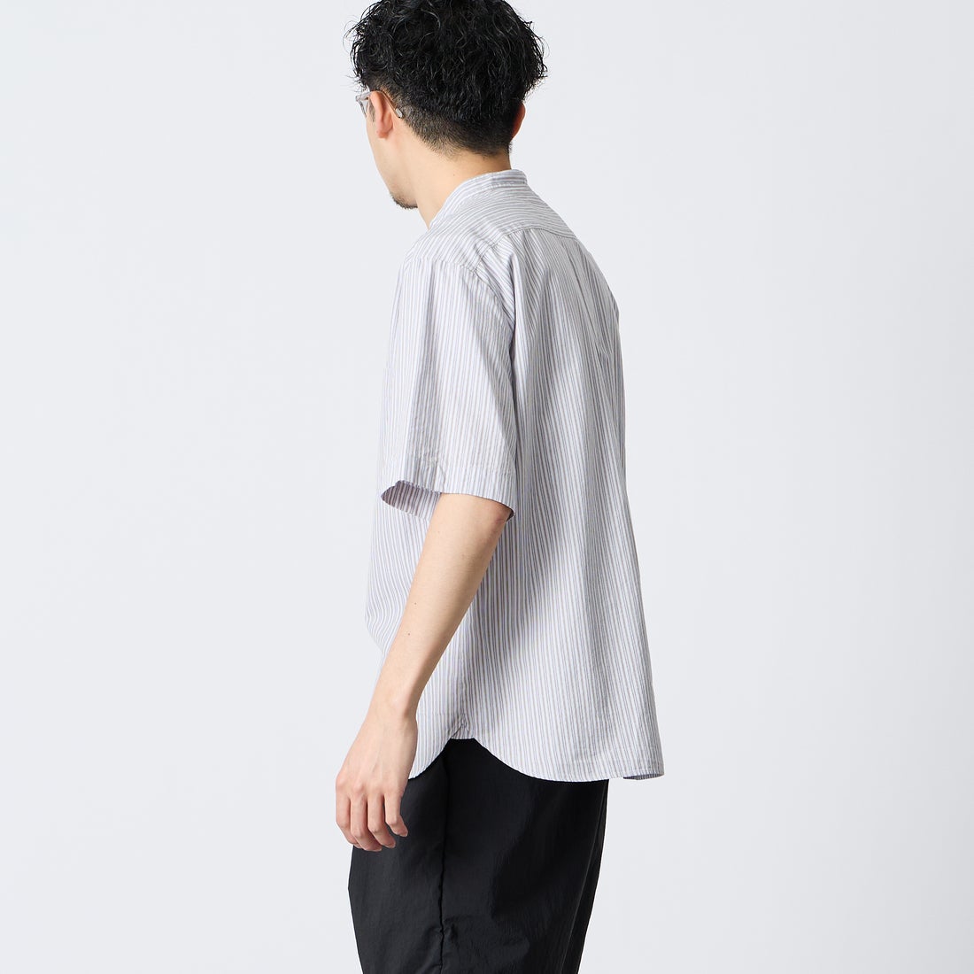 DANTON [ダントン] コットンリネン ストライプバンドカラーシャツ [JD-3788SCP] BLU/BRN ST &&モデル身長：168cm 着用サイズ：38&&