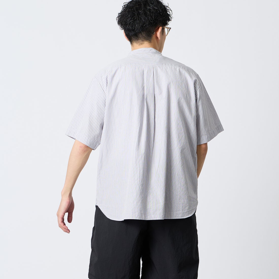 DANTON [ダントン] コットンリネン ストライプバンドカラーシャツ [JD-3788SCP] BLU/BRN ST &&モデル身長：168cm 着用サイズ：38&&