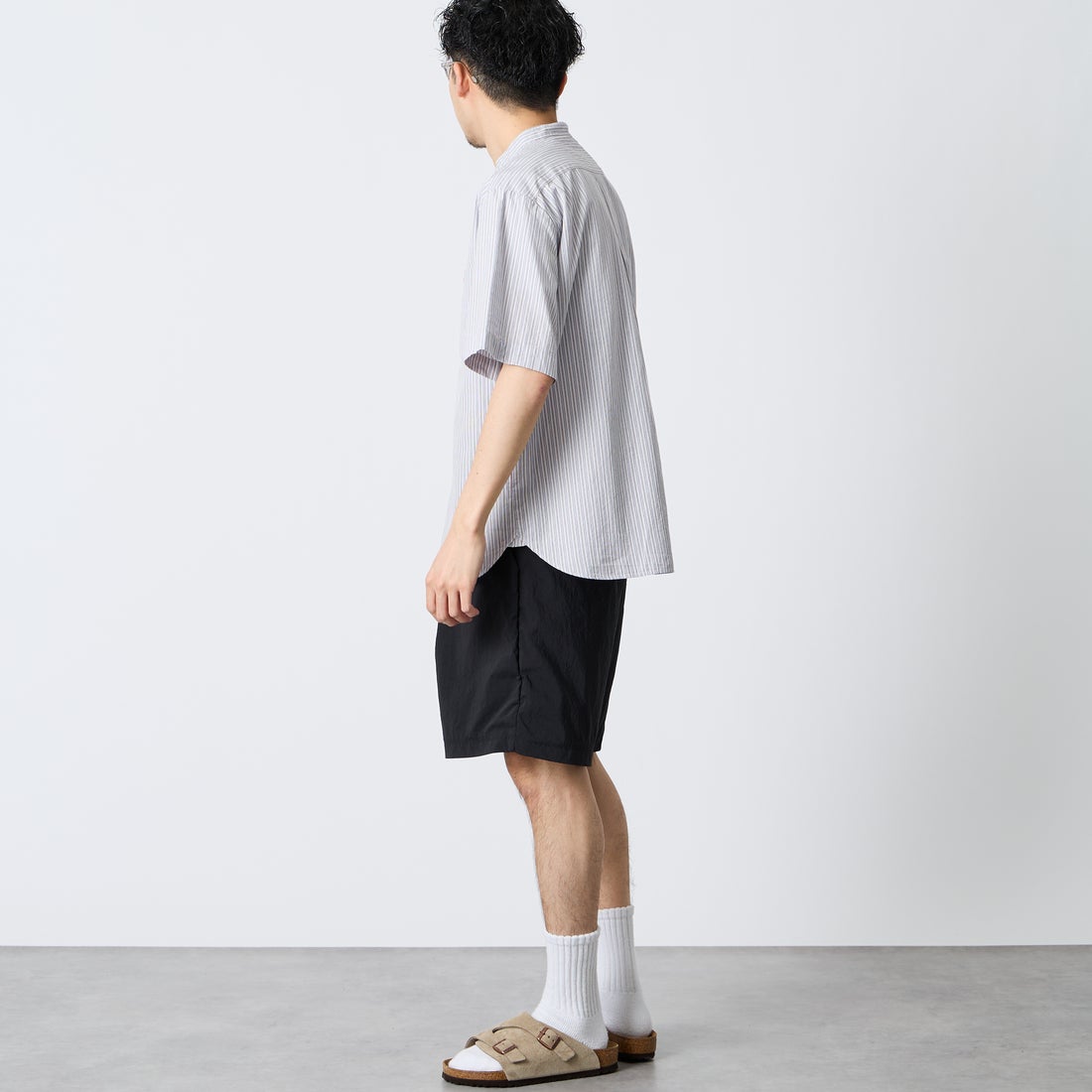 DANTON [ダントン] コットンリネン ストライプバンドカラーシャツ [JD-3788SCP] BLU/BRN ST &&モデル身長：168cm 着用サイズ：38&&