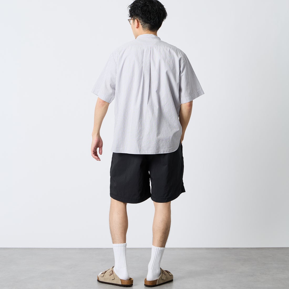 DANTON [ダントン] コットンリネン ストライプバンドカラーシャツ [JD-3788SCP] BLU/BRN ST &&モデル身長：168cm 着用サイズ：38&&