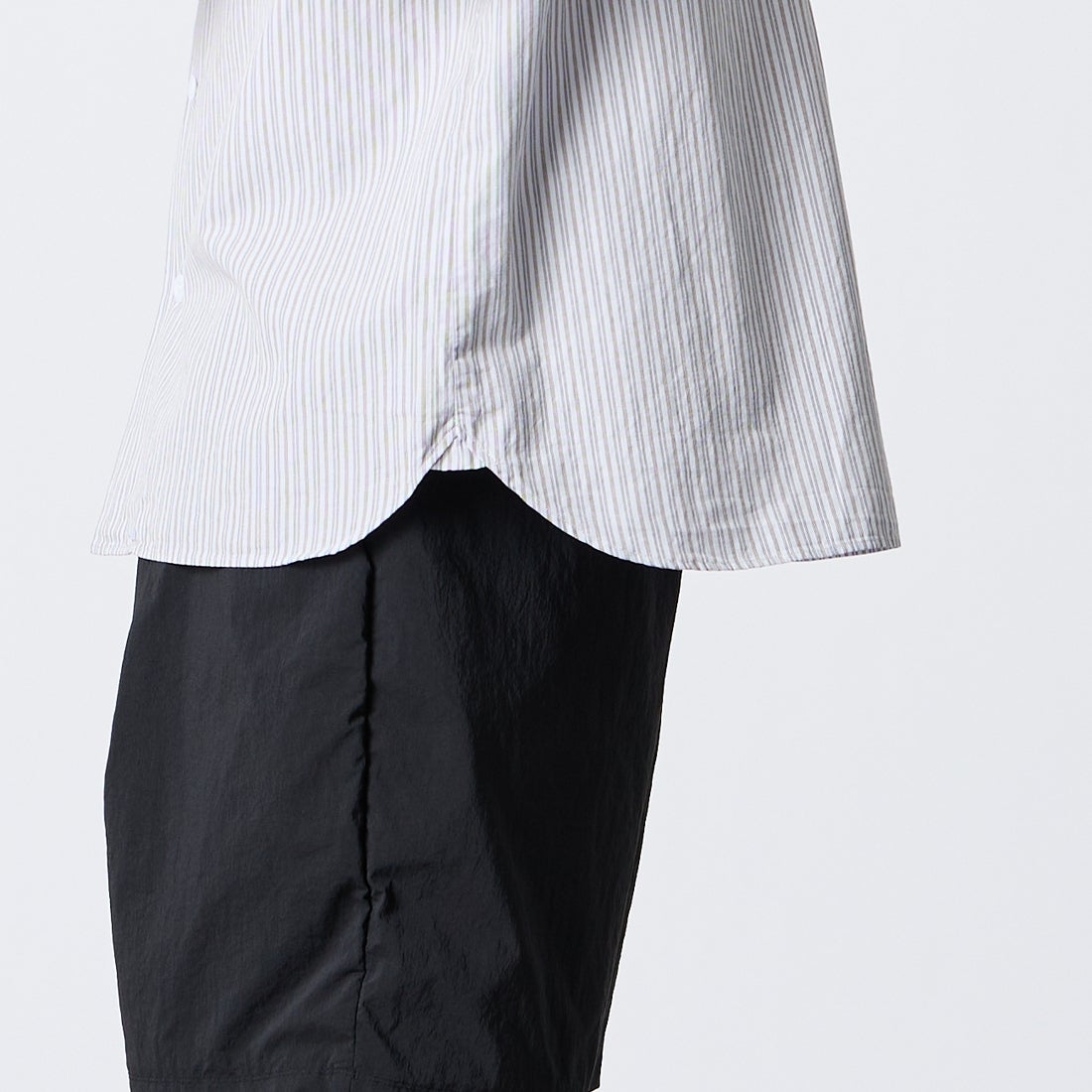 DANTON [ダントン] コットンリネン ストライプバンドカラーシャツ [JD-3788SCP] BLU/BRN ST &&モデル身長：168cm 着用サイズ：38&&
