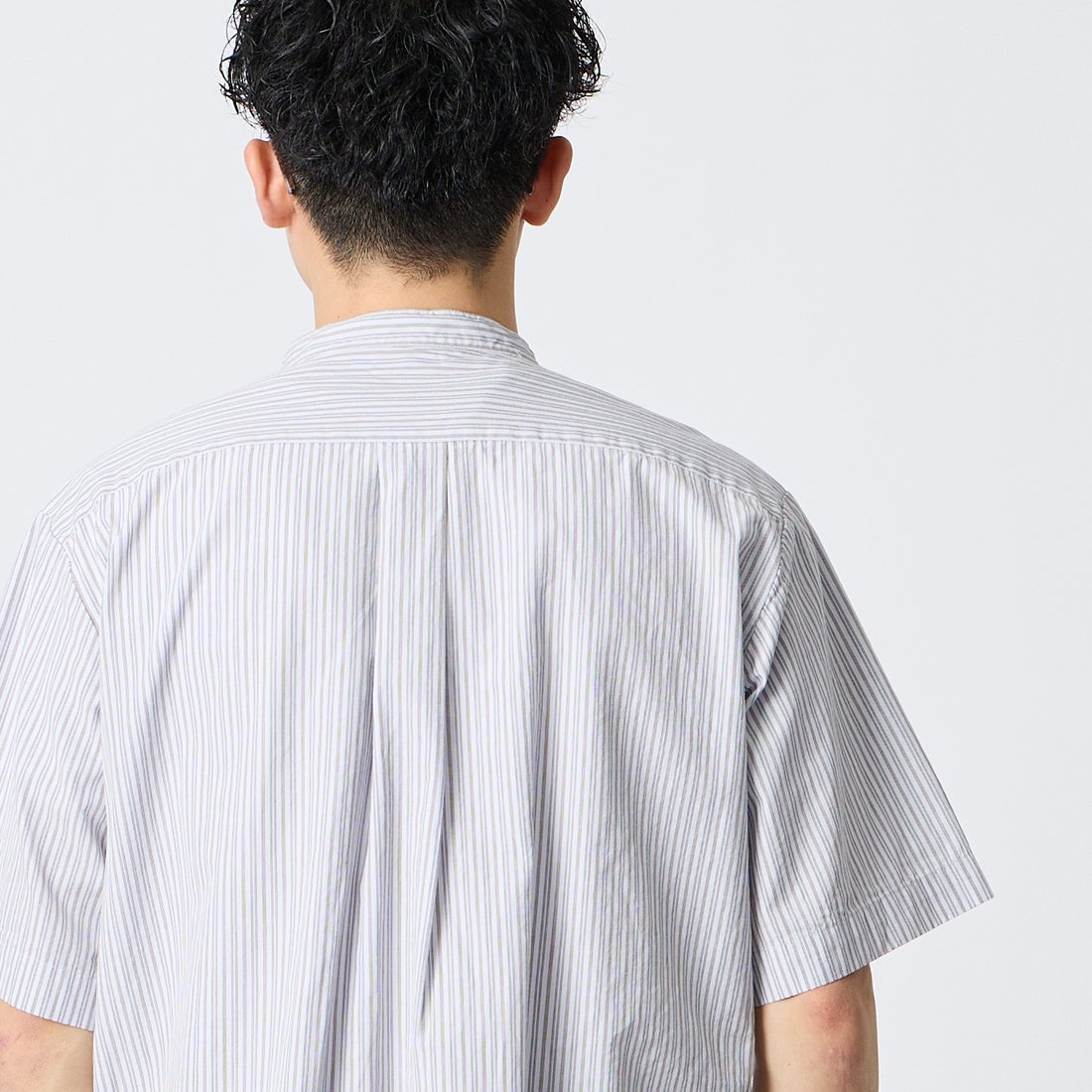 DANTON [ダントン] コットンリネン ストライプバンドカラーシャツ [JD-3788SCP] BLU/BRN ST &&モデル身長：168cm 着用サイズ：38&&