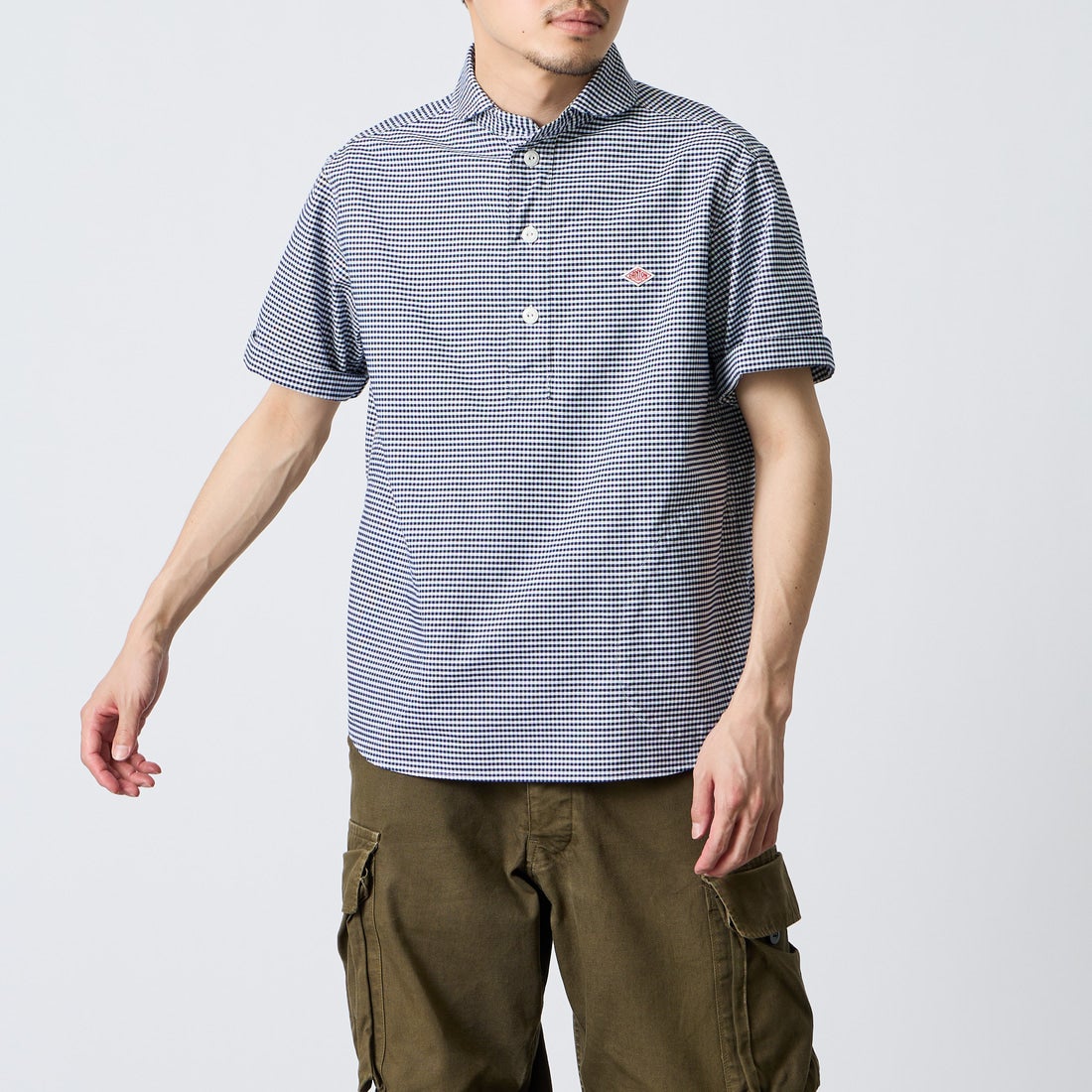 DANTON [ダントン] ラウンドカラー チェックプルオーバーシャツ [DT-B0284OXP] NV/WH GNGM &&モデル身長：168cm 着用サイズ：38&&