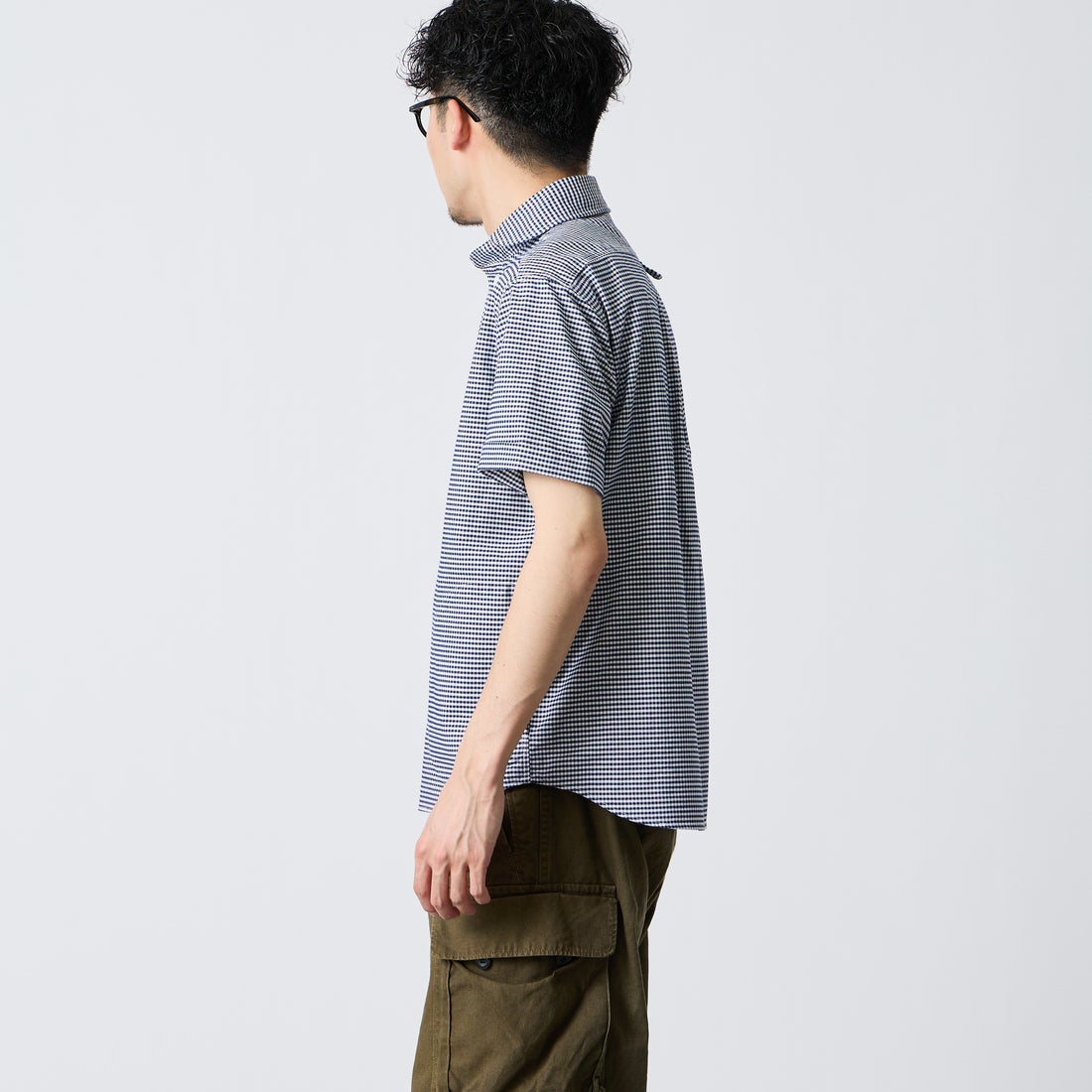 DANTON [ダントン] ラウンドカラー チェックプルオーバーシャツ [DT-B0284OXP] NV/WH GNGM &&モデル身長：168cm 着用サイズ：38&&