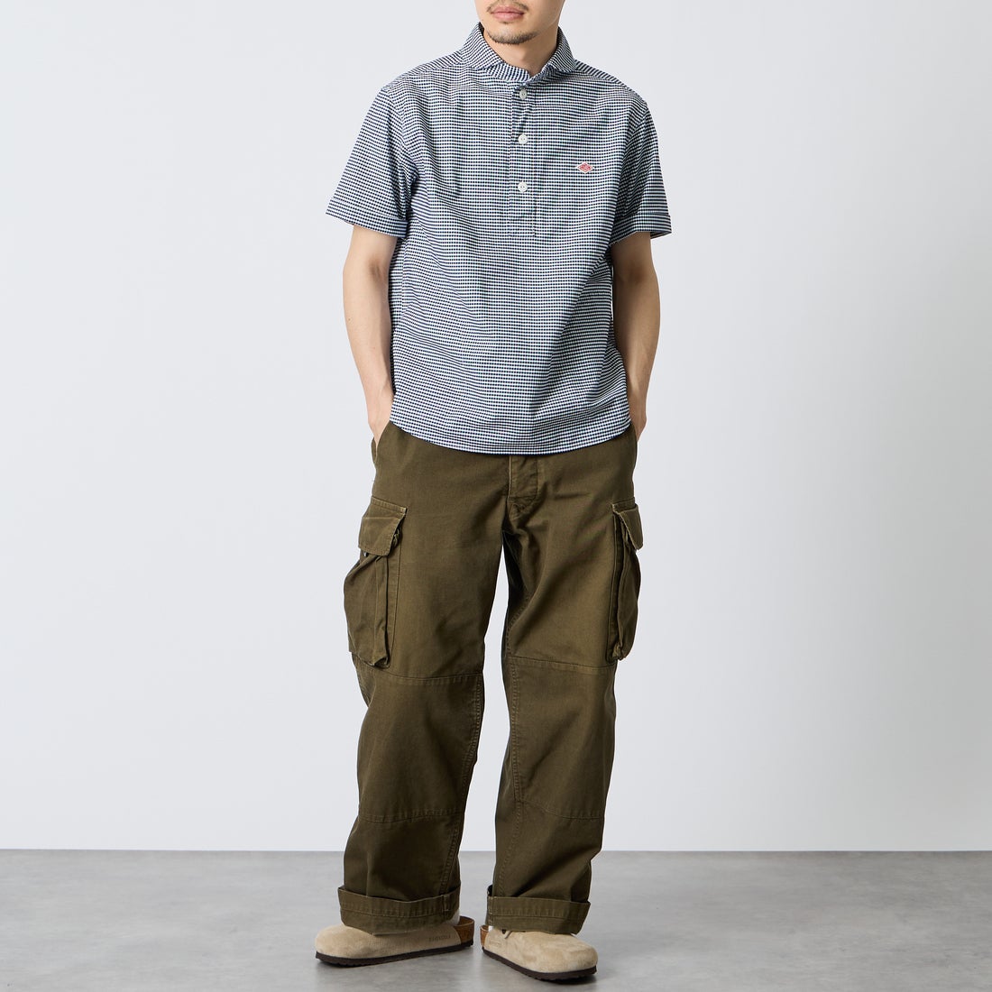 DANTON [ダントン] ラウンドカラー チェックプルオーバーシャツ [DT-B0284OXP] NV/WH GNGM &&モデル身長：168cm 着用サイズ：38&&