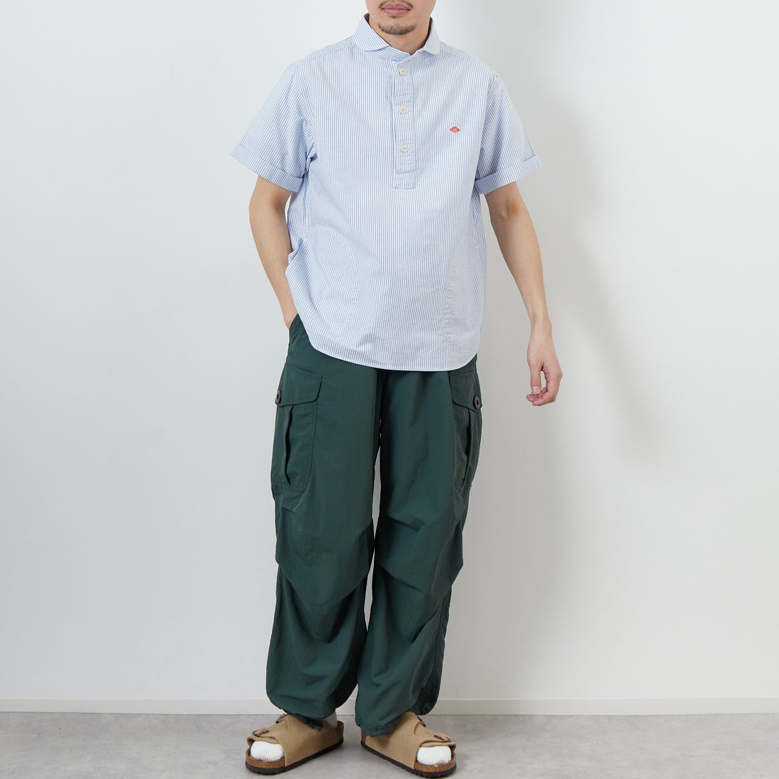 DANTON [ダントン] ラウンドカラー チェックプルオーバーシャツ [DT-B0284OXP] SAX/WHT ST &&モデル身長：168cm 着用サイズ：38&&