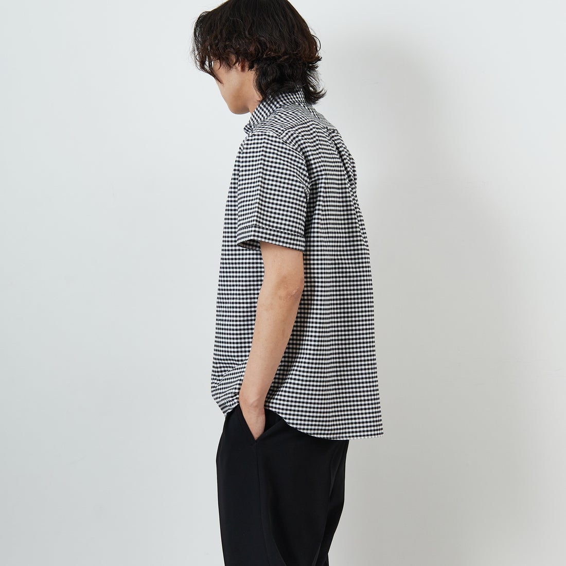 DANTON [ダントン] ラウンドカラー チェックプルオーバーシャツ [DT-B0284OXP] BK/WH GNGM &&モデル身長：179cm 着用サイズ：42&&
