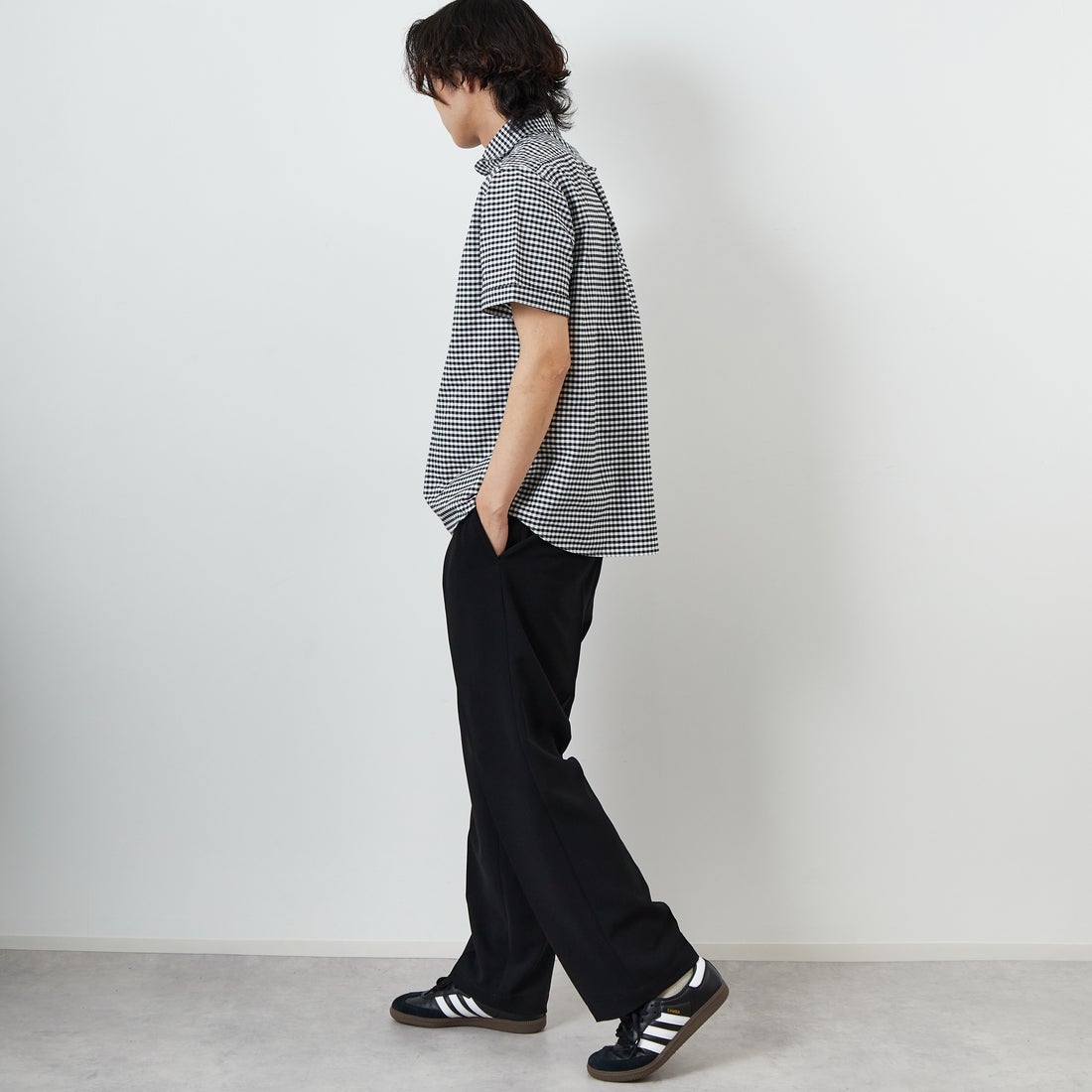 DANTON [ダントン] ラウンドカラー チェックプルオーバーシャツ [DT-B0284OXP] BK/WH GNGM &&モデル身長：179cm 着用サイズ：42&&