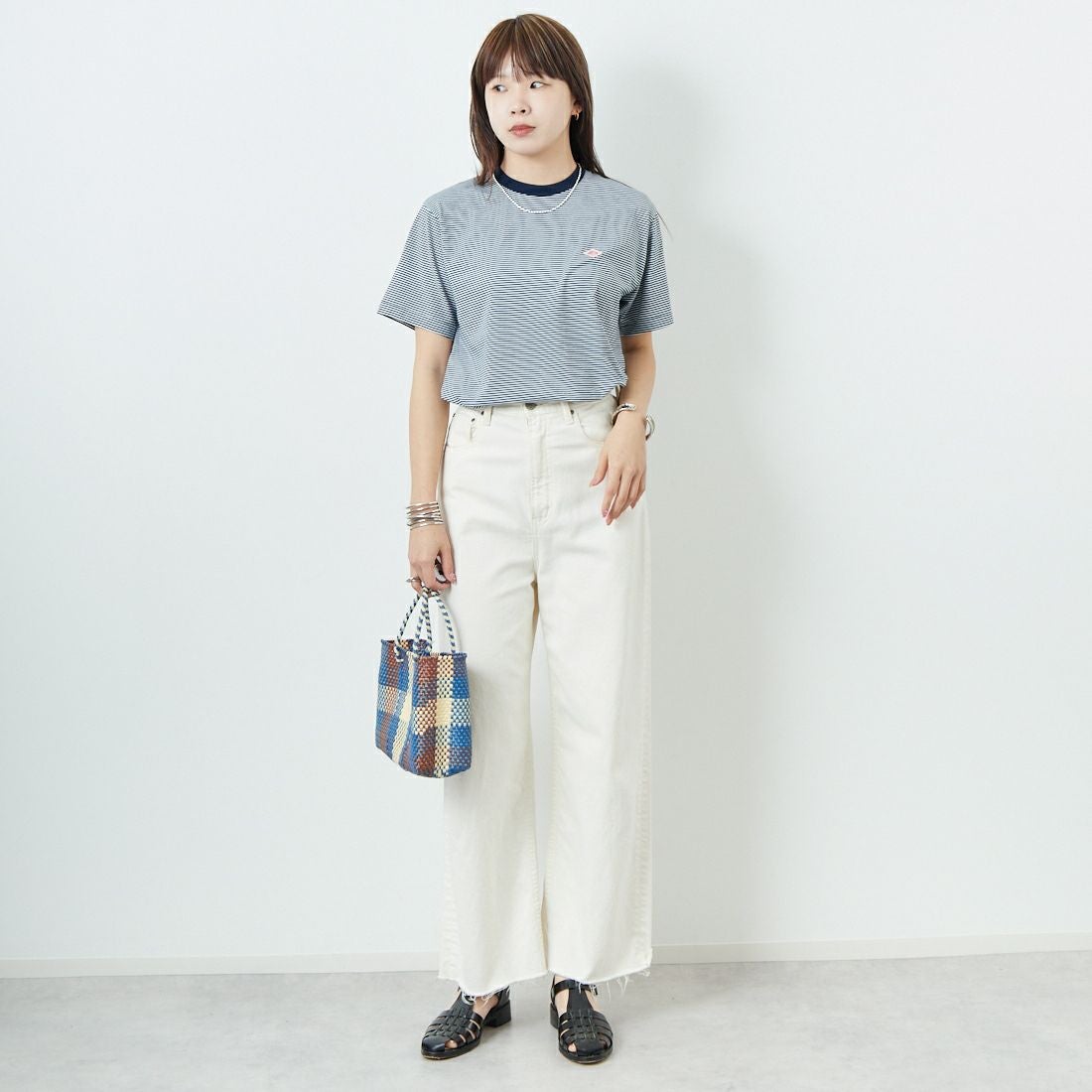 DANTON [ダントン] ボーダーインナーTシャツ [DT-C0195CVT] NAVY/WHITE &&モデル身長：167cm 着用サイズ：S&&