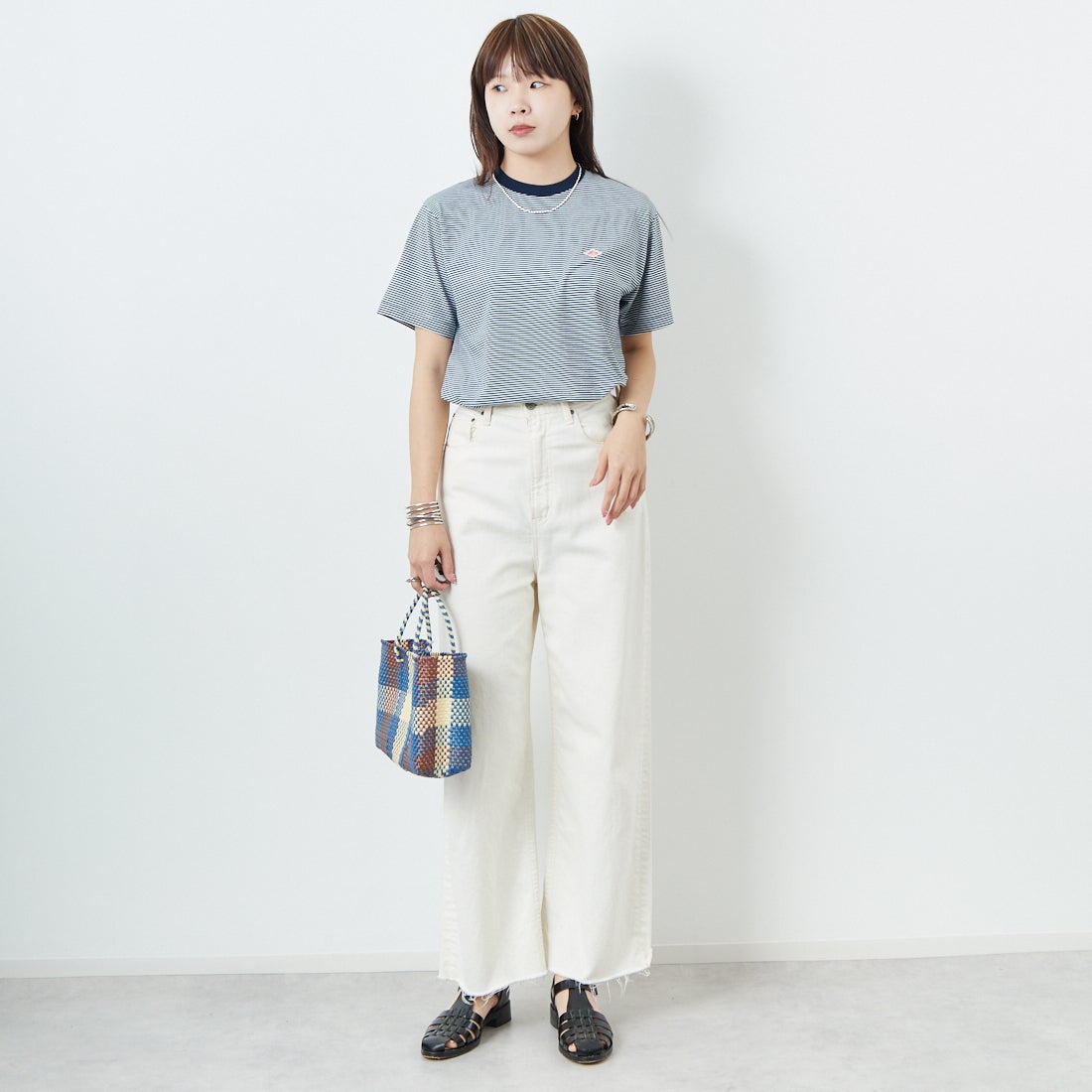 DANTON [ダントン] ボーダーインナーTシャツ [DT-C0195CVT] NAVY/WHITE &&モデル身長：167cm 着用サイズ：S&&