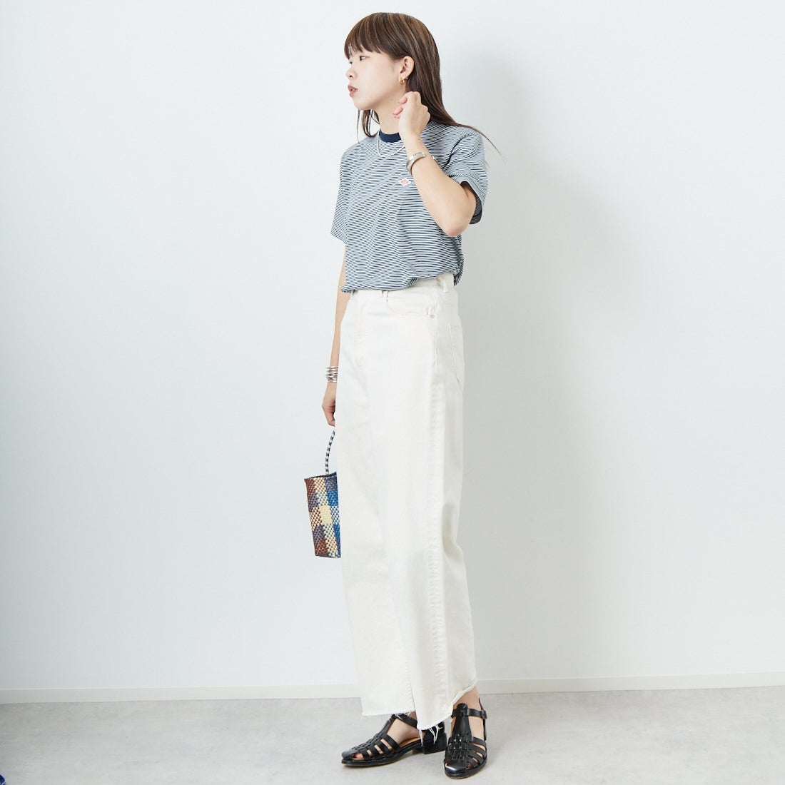 DANTON [ダントン] ボーダーインナーTシャツ [DT-C0195CVT] NAVY/WHITE &&モデル身長：167cm 着用サイズ：S&&