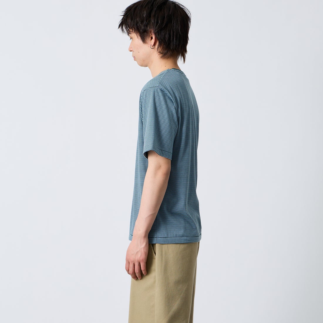 DANTON [ダントン] ボーダーインナーTシャツ [DT-C0196CVT] D.GRN/SAX &&モデル身長：177cm 着用サイズ：M&&