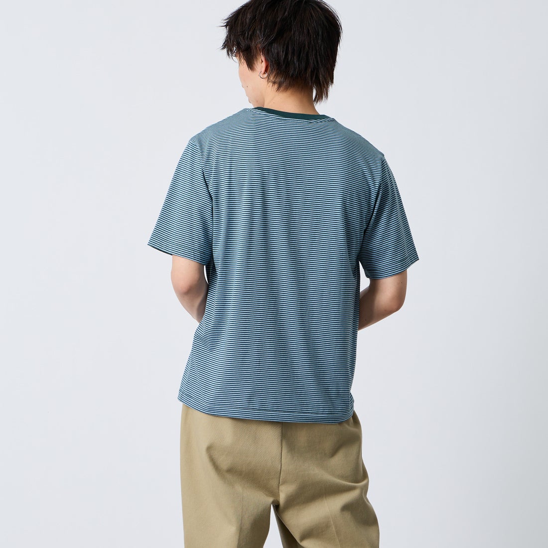 DANTON [ダントン] ボーダーインナーTシャツ [DT-C0196CVT] D.GRN/SAX &&モデル身長：177cm 着用サイズ：M&&