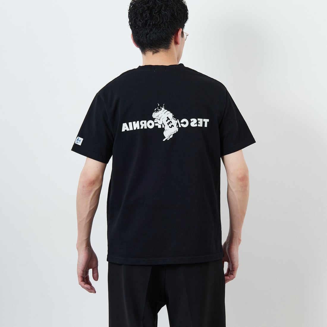 The Endless Summer [エンドレスサマー] 別注 TES CALフロッキーロゴプリントTシャツ [FH-25574504-JF] 01 BLACK &&モデル身長：168cm 着用サイズ：M&&