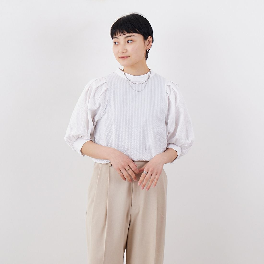 Jf Ready Made [ジェイエフレディメイド] サッカーストライプ バックリボンブラウス [3112304] 101 ﾎﾜｲﾄ &&モデル身長：160cm 着用サイズ：F&&