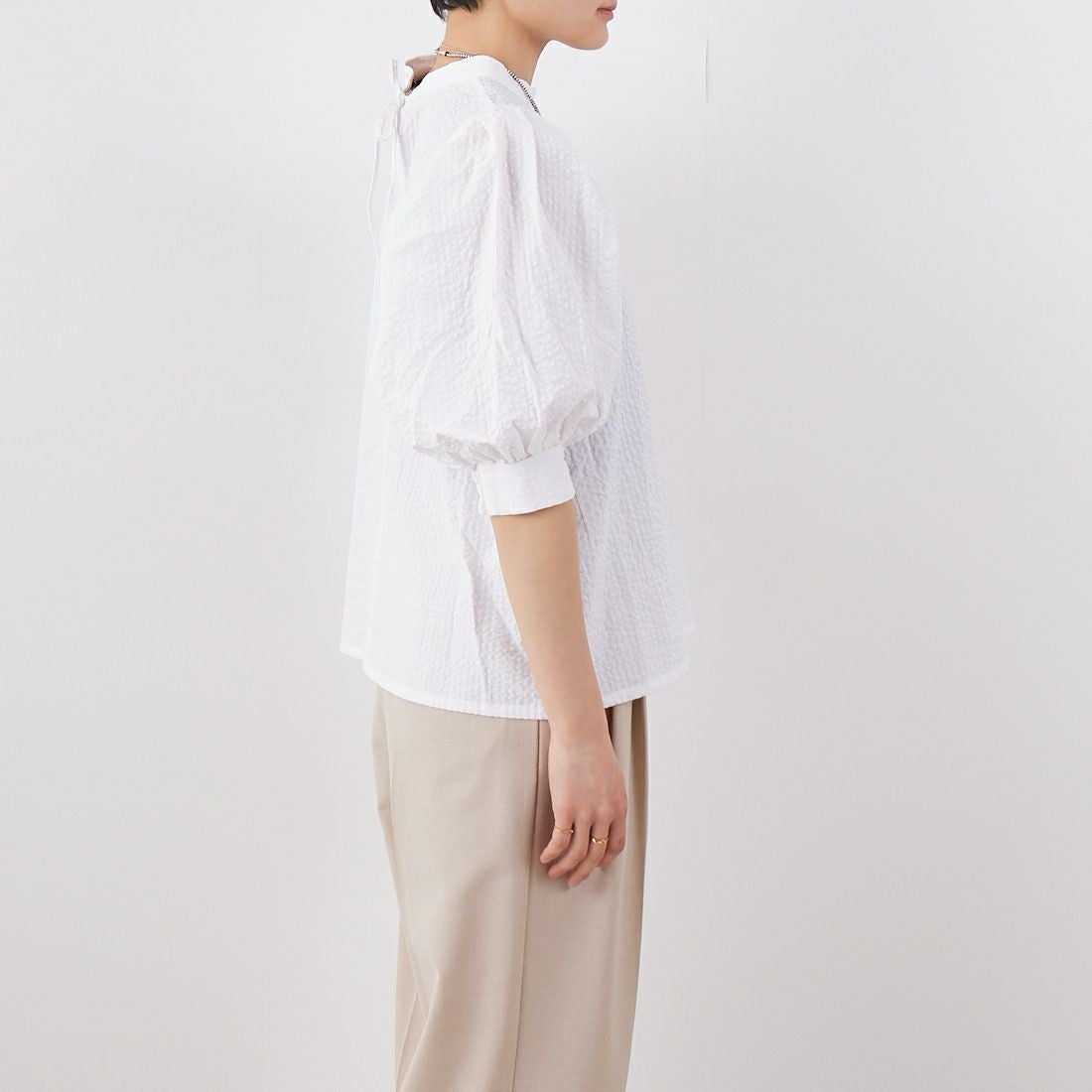 Jf Ready Made [ジェイエフレディメイド] サッカーストライプ バックリボンブラウス [3112304] 101 ﾎﾜｲﾄ &&モデル身長：160cm 着用サイズ：F&&