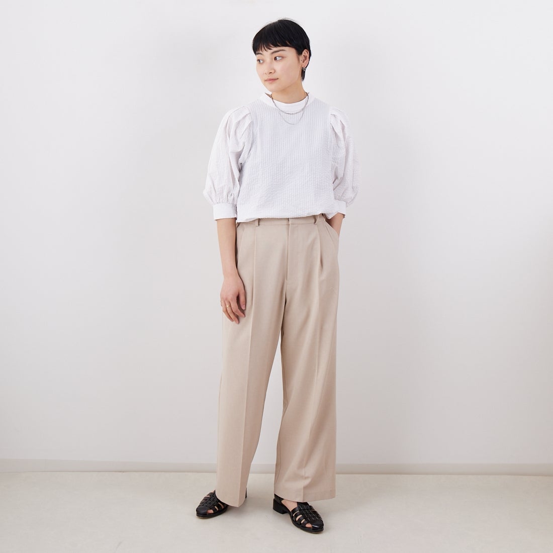 Jf Ready Made [ジェイエフレディメイド] サッカーストライプ バックリボンブラウス [3112304] 101 ﾎﾜｲﾄ &&モデル身長：160cm 着用サイズ：F&&