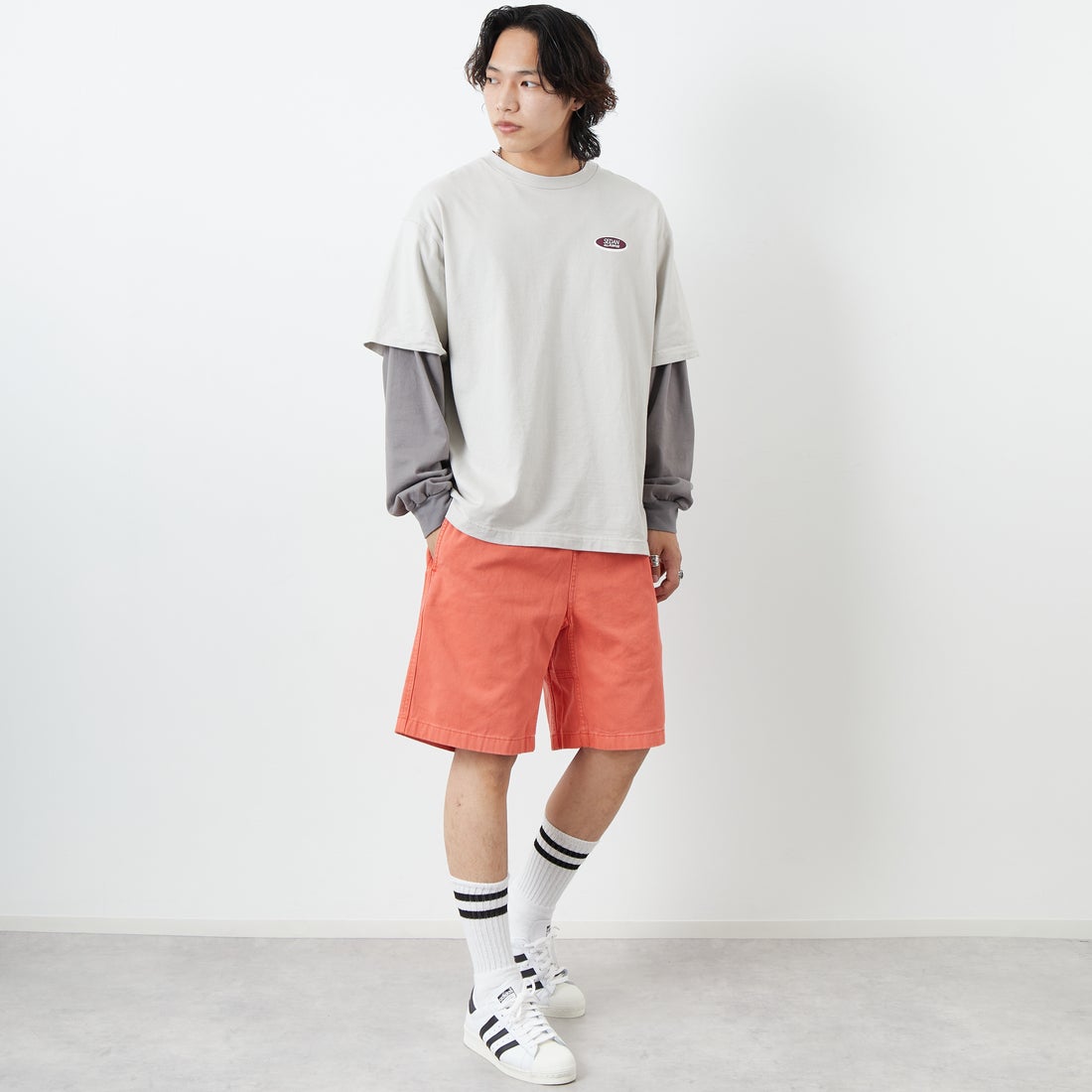 GRAMiCCi [グラミチ] Gショーツ ピグメントダイ [G4SM-P123] DEEP CORAL &&モデル身長：179cm 着用サイズ：L&&