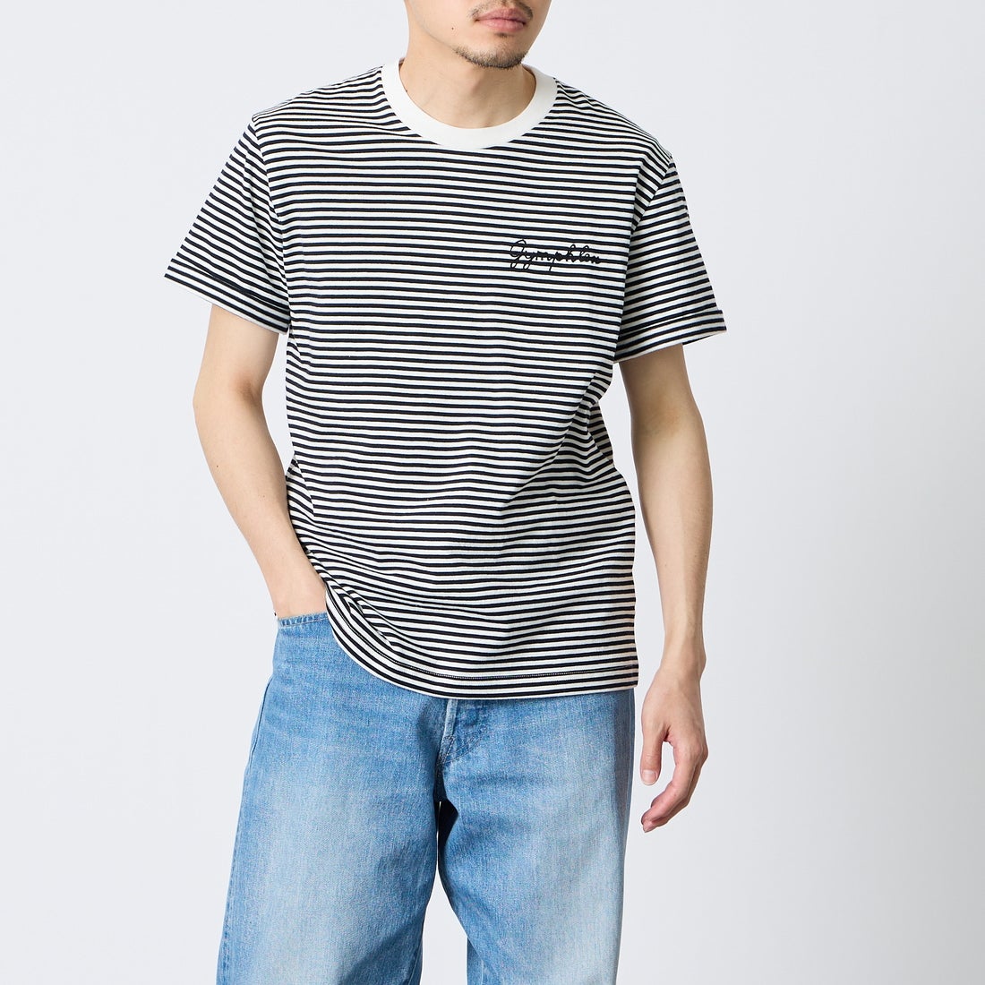 Gymphlex [ジムフレックス] ショートスリーブ ロールアップTシャツ [GY-C0446COM] WHT/NAV ST &&モデル身長：168cm 着用サイズ：M&&