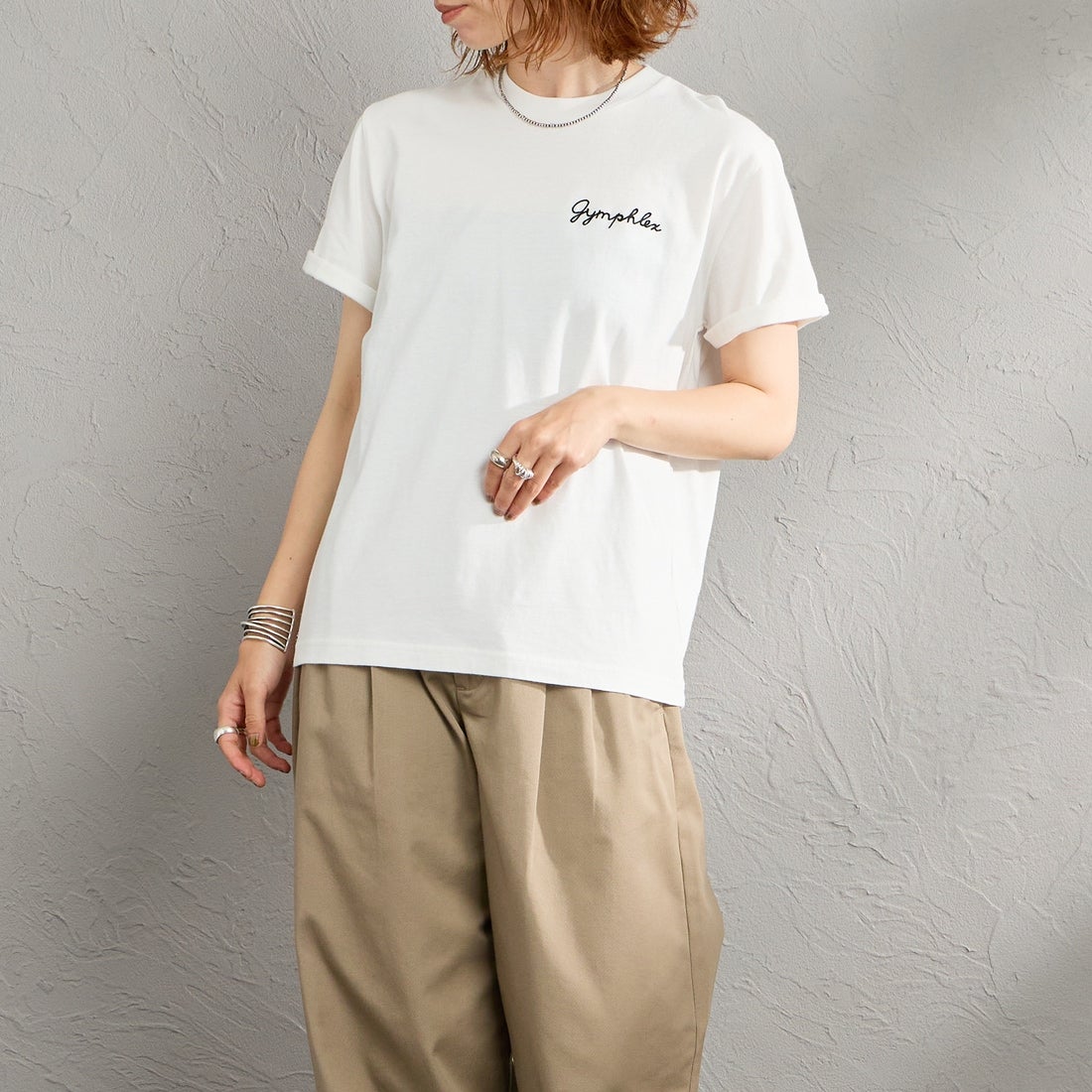 Gymphlex [ジムフレックス] ショートスリーブ ロールアップTシャツ [GY-C0446COM] WHITE &&モデル身長：158cm 着用サイズ：14&&