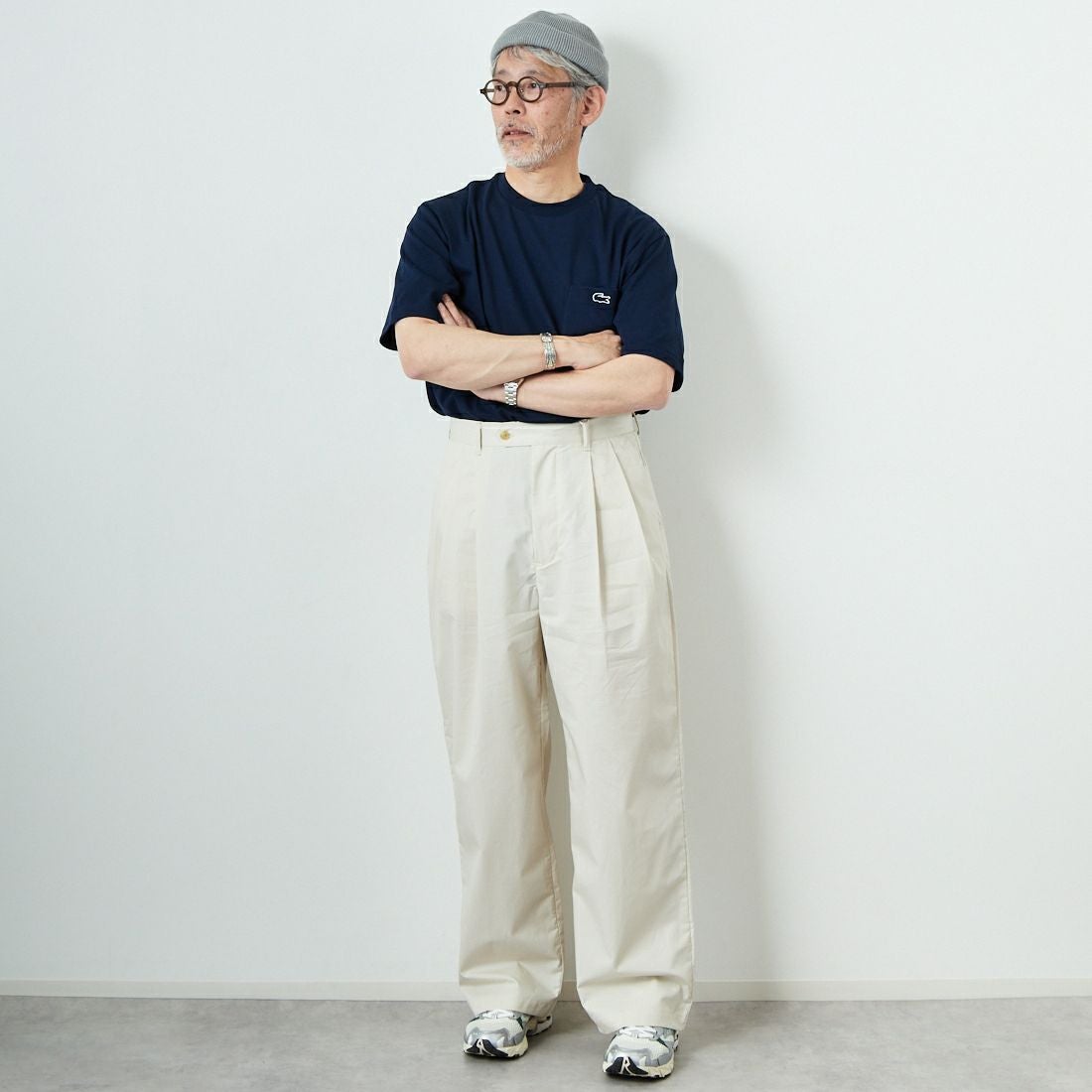 STILL BY HAND [スティルバイハンド] 別注 中太ストレートパンツ [2501JF-EX04-JF] ECRU&&モデル身長：174cm 着用サイズ：48&&