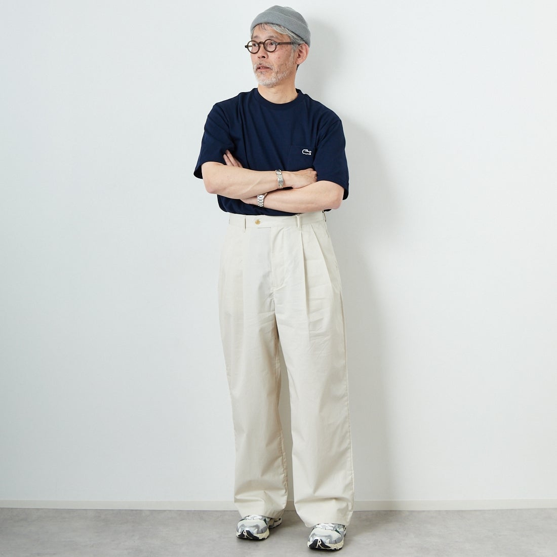 STILL BY HAND [スティルバイハンド] 別注 中太ストレートパンツ [2501JF-EX04-JF] ECRU&&モデル身長：174cm 着用サイズ：48&&