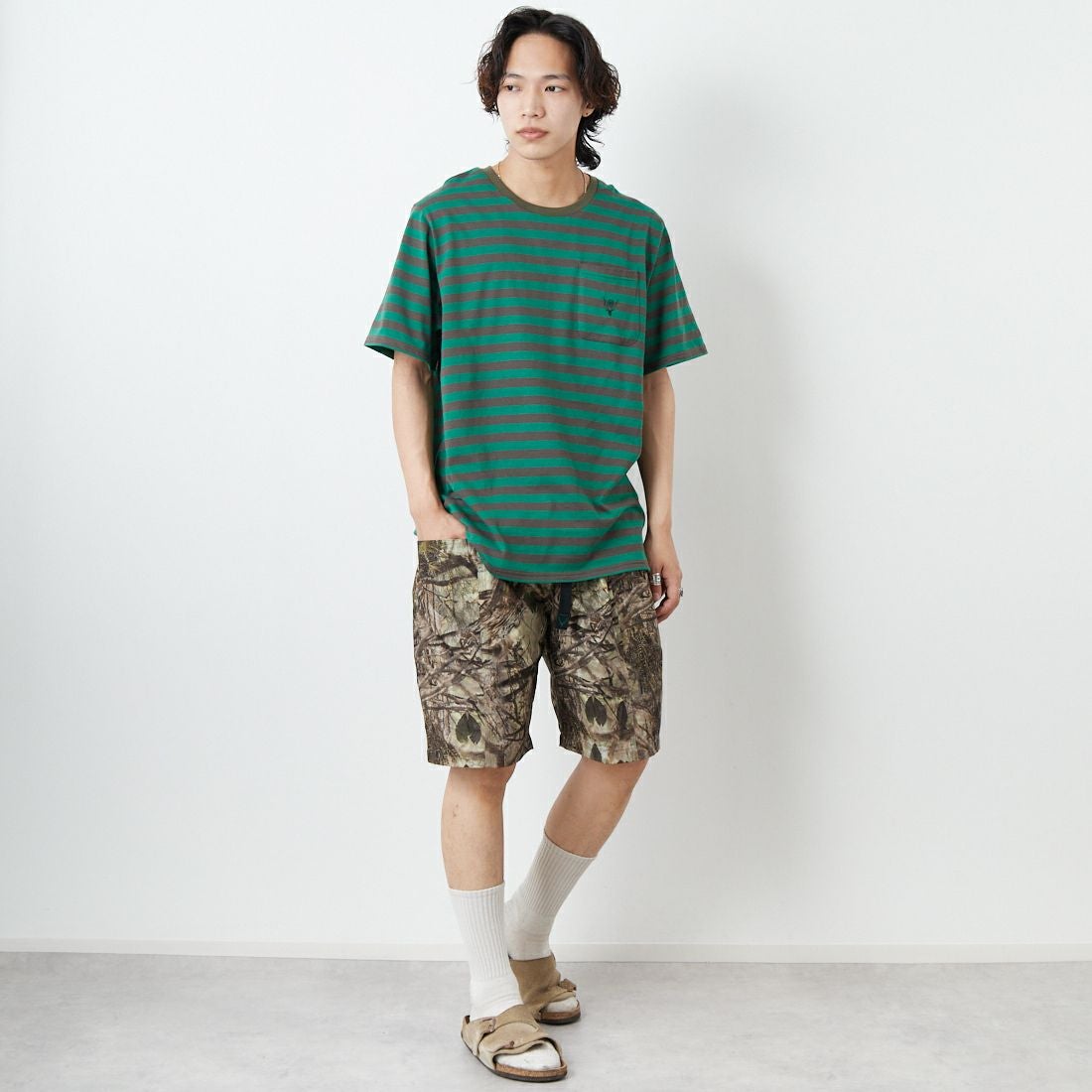 South2West8 [サウスツーウエストエイト] ショートスリーブラウンドポケットTシャツ [QV664] A GREEN &&モデル身長：179cm 着用サイズ：M&&