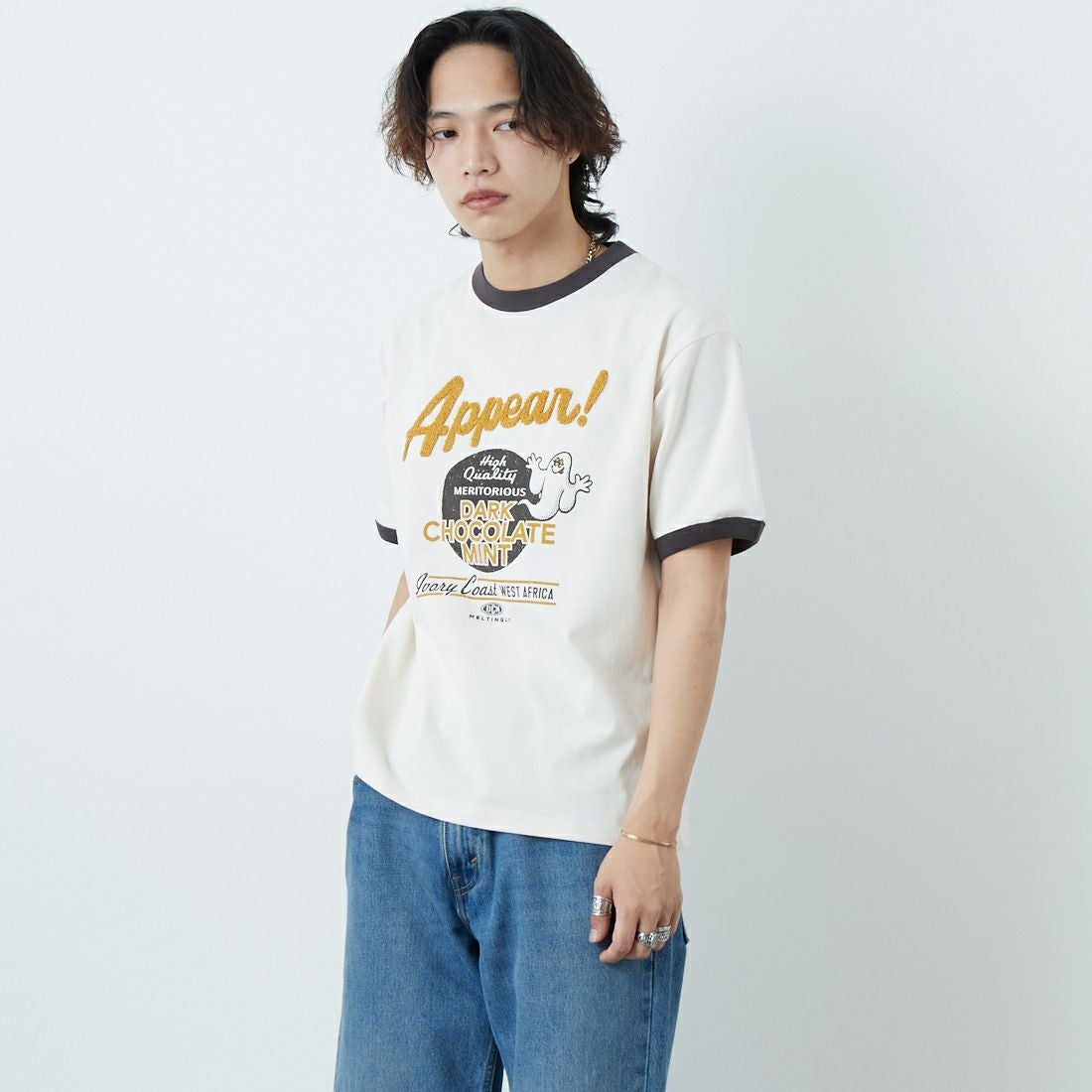 33Degrees [サーティスリーディグリーズ] 刺繍リンガーTシャツ [TDR-252-020] 80 CH BEER &&モデル身長：179cm 着用サイズ：M&&