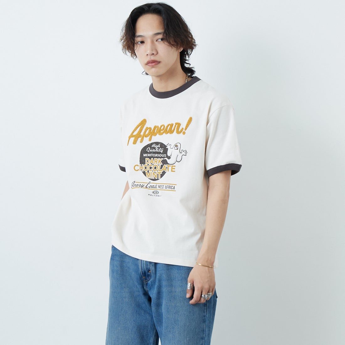 33Degrees [サーティスリーディグリーズ] 刺繍リンガーTシャツ [TDR-252-020] 80 CH BEER &&モデル身長：179cm 着用サイズ：M&&