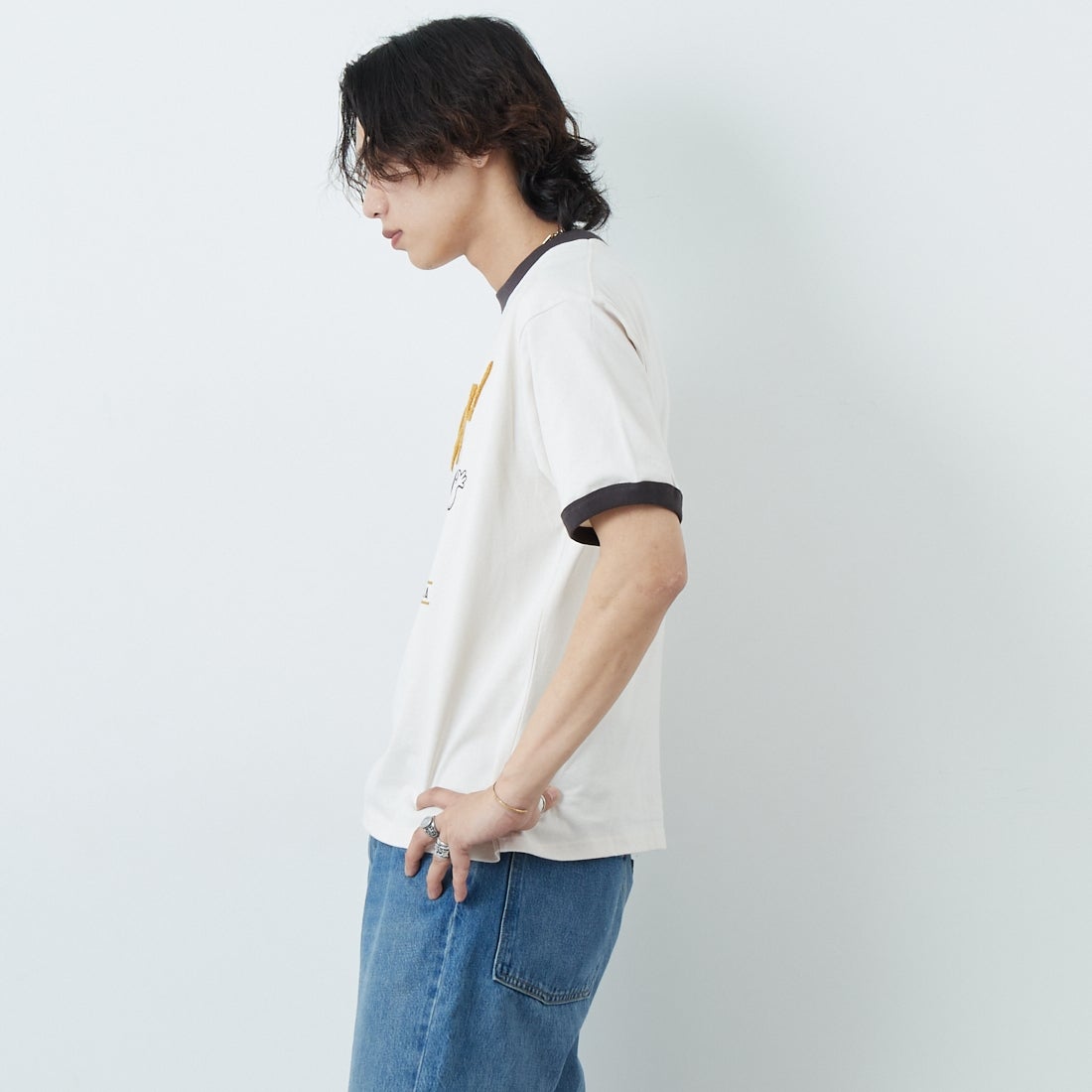 33Degrees [サーティスリーディグリーズ] 刺繍リンガーTシャツ [TDR-252-020] 80 CH BEER &&モデル身長：179cm 着用サイズ：M&&