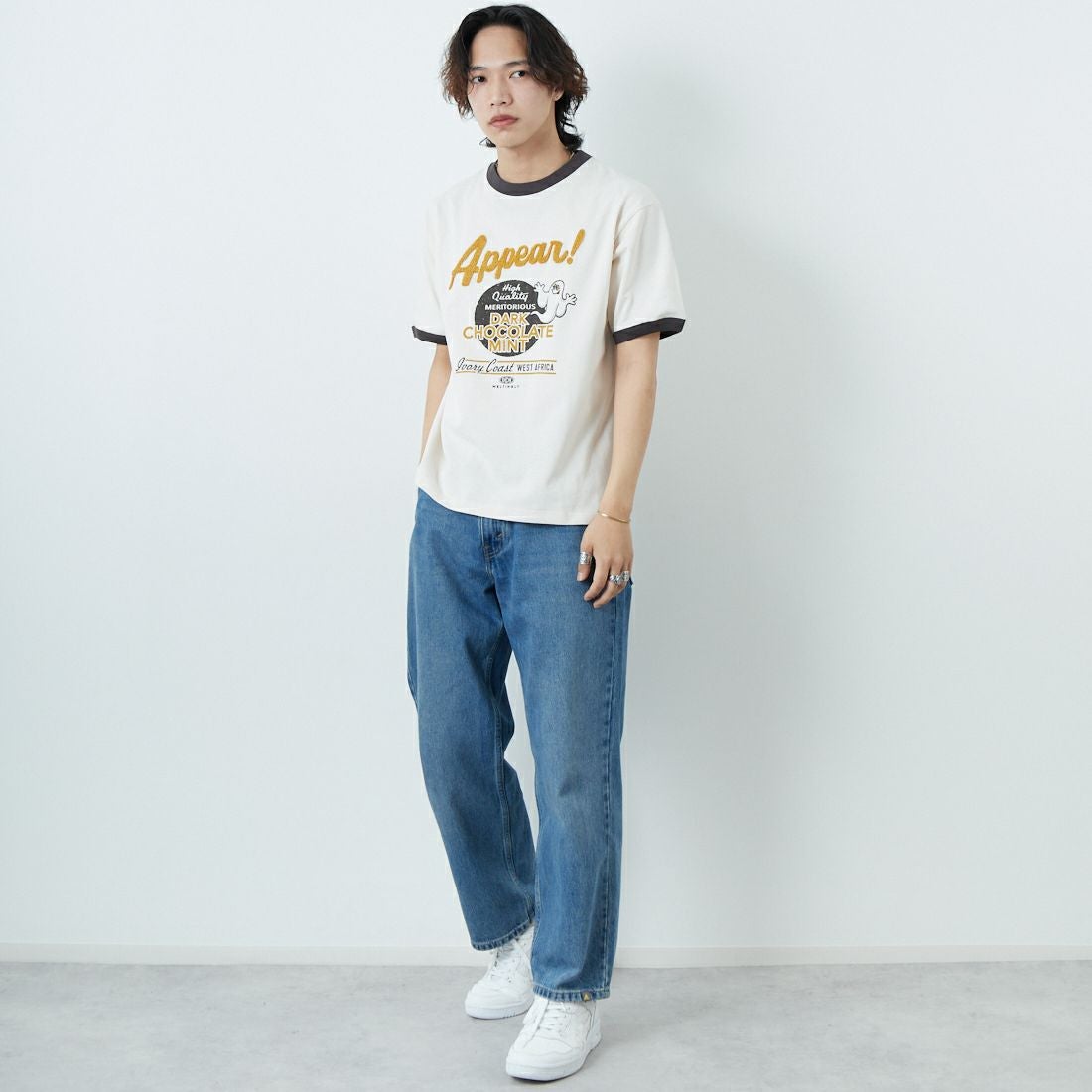 33Degrees [サーティスリーディグリーズ] 刺繍リンガーTシャツ [TDR-252-020] 80 CH BEER &&モデル身長：179cm 着用サイズ：M&&