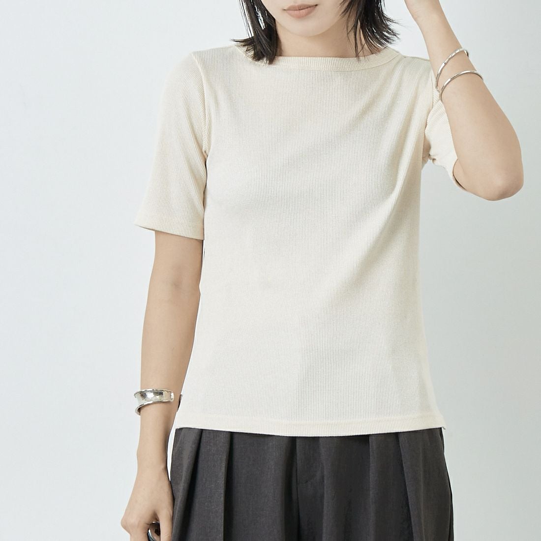 Jeans Factory Clothes [ジーンズファクトリークローズ] ミックスラメ テレコTシャツ [21255055] 031 ｵﾌ &&モデル身長：167cm 着用サイズ：38&&