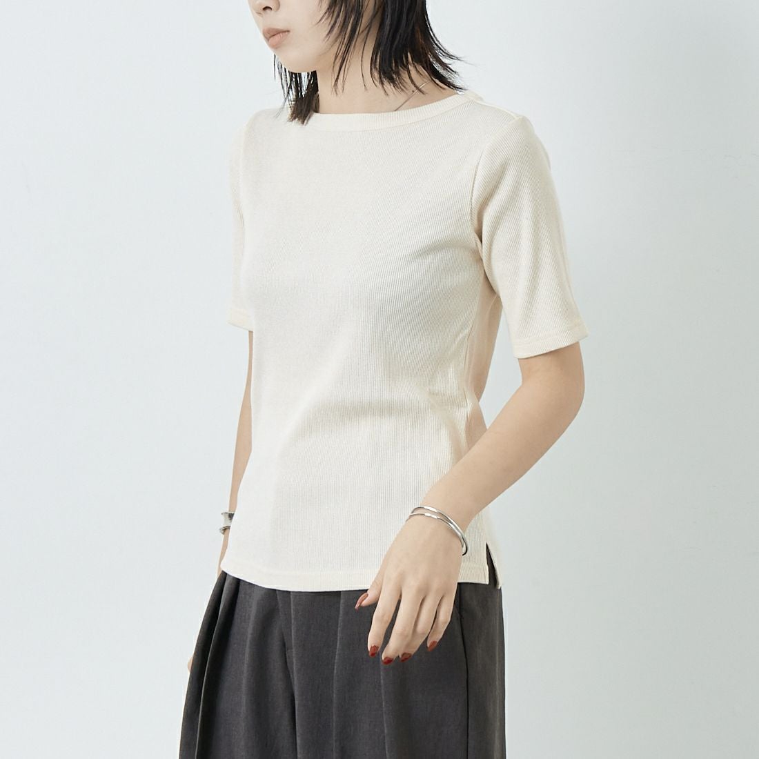 Jeans Factory Clothes [ジーンズファクトリークローズ] ミックスラメ テレコTシャツ [21255055] 031 ｵﾌ &&モデル身長：167cm 着用サイズ：38&&